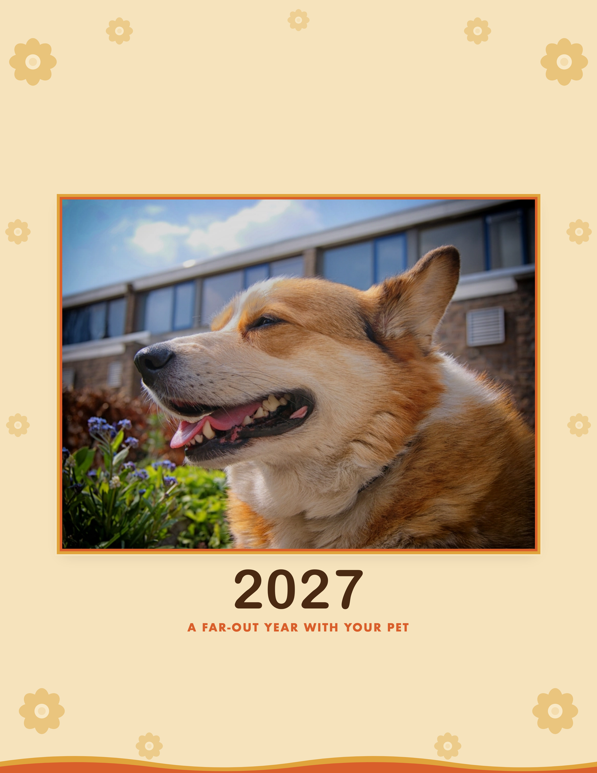 2027 groovy calendar cover with sample pet photo