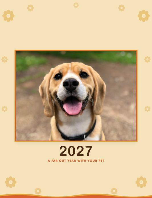 Personalized Pet Photo Calendar 2027 — Retro Groovy shown with a sample pet photo on the cover