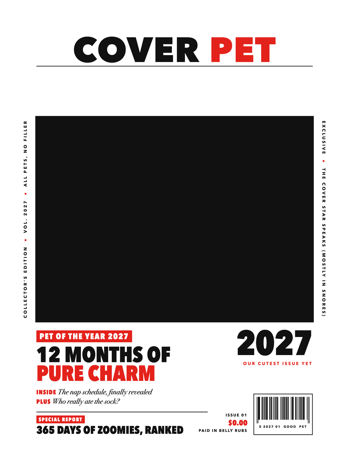 Cover page of the Personalized Pet Photo Calendar 2027: Cover Pet Magazine, with a photo area for your pet