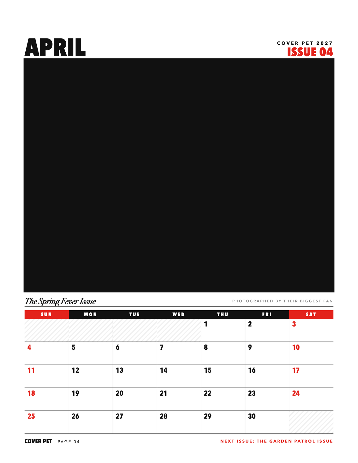 April page of the Personalized Pet Photo Calendar 2027: Cover Pet Magazine, with a photo area above the date grid