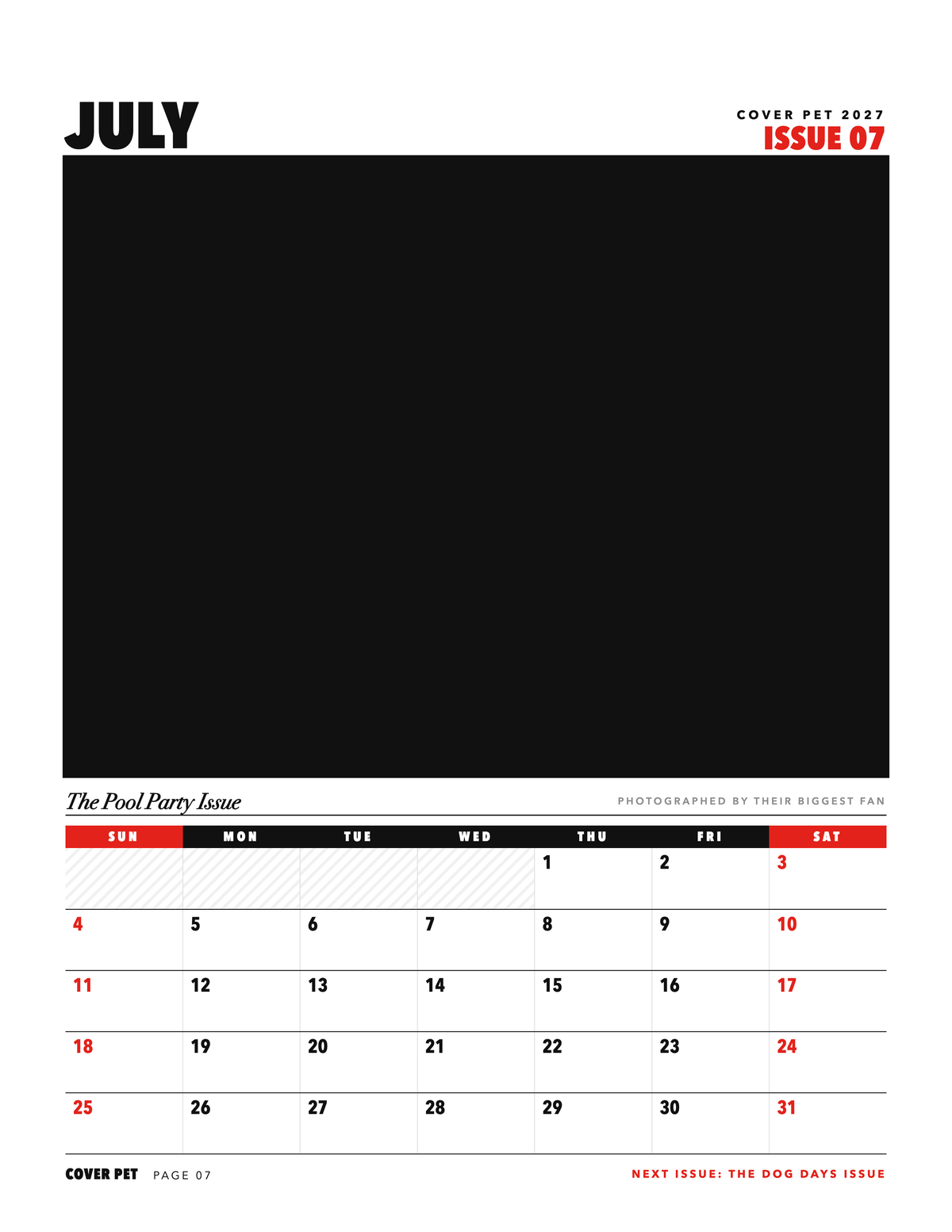 July page of the Personalized Pet Photo Calendar 2027: Cover Pet Magazine, with a photo area above the date grid