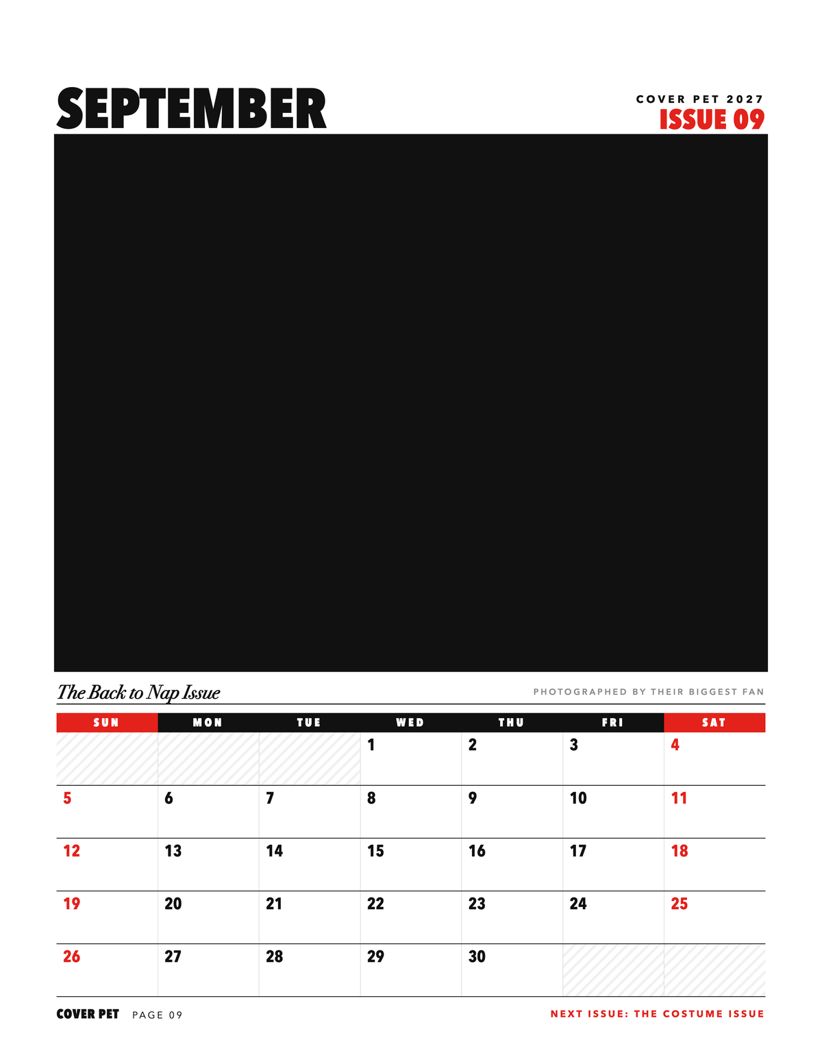 September page of the Personalized Pet Photo Calendar 2027: Cover Pet Magazine, with a photo area above the date grid