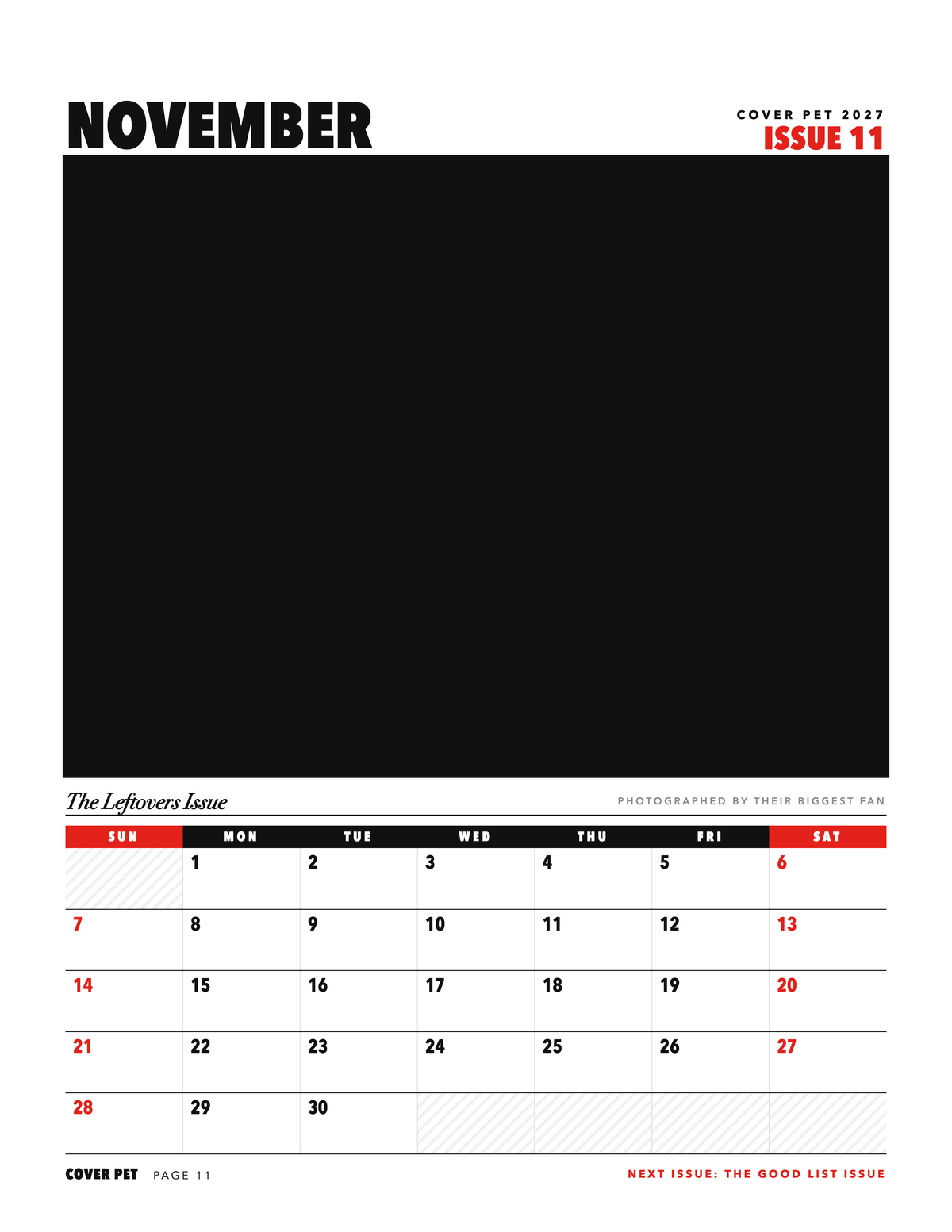November page of the Personalized Pet Photo Calendar 2027: Cover Pet Magazine, with a photo area above the date grid