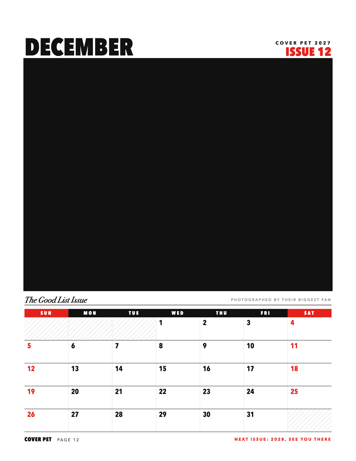 December page of the Personalized Pet Photo Calendar 2027: Cover Pet Magazine, with a photo area above the date grid