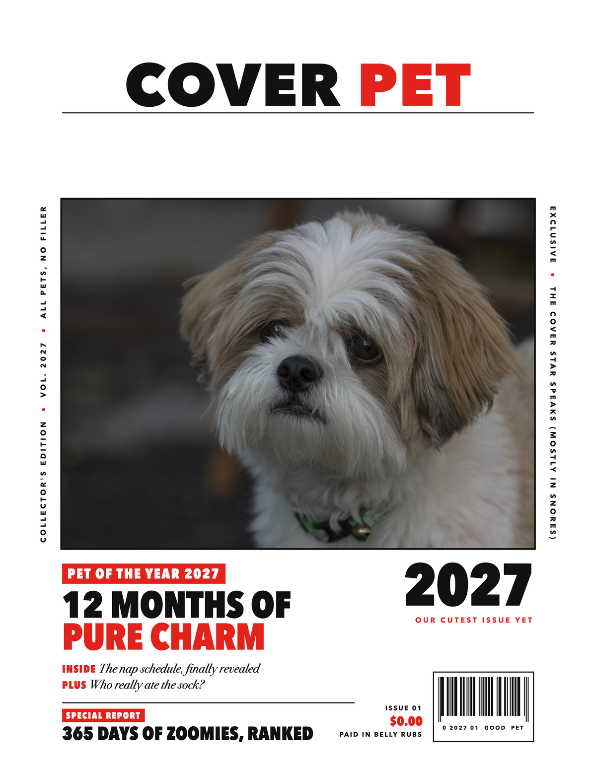 Personalized Pet Photo Calendar 2027: Cover Pet Magazine, shown with a sample pet photo on the cover
