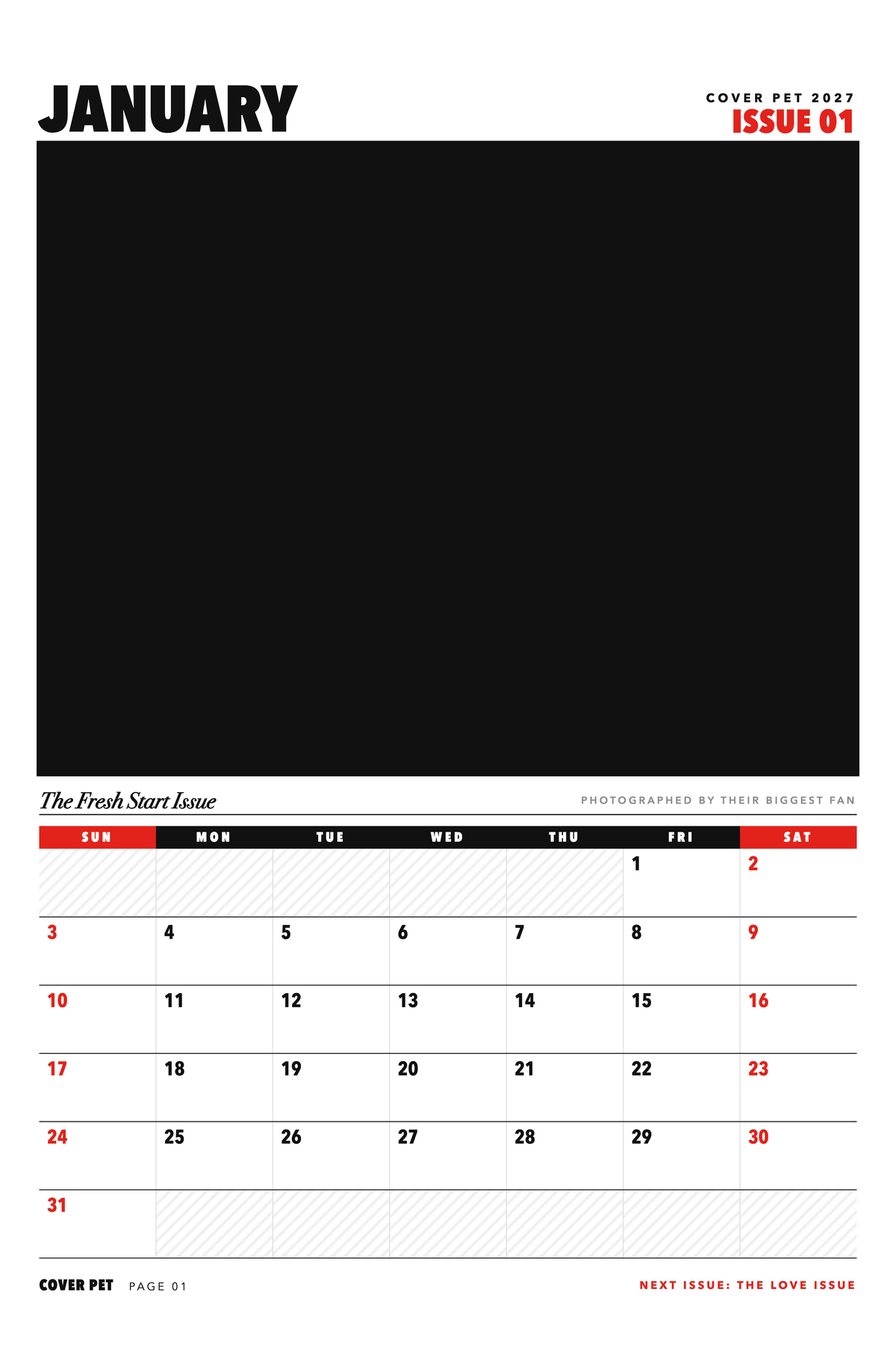 January page of the Personalized Pet Photo Calendar 2027: XL Cover Pet Magazine, with a photo area above the date grid