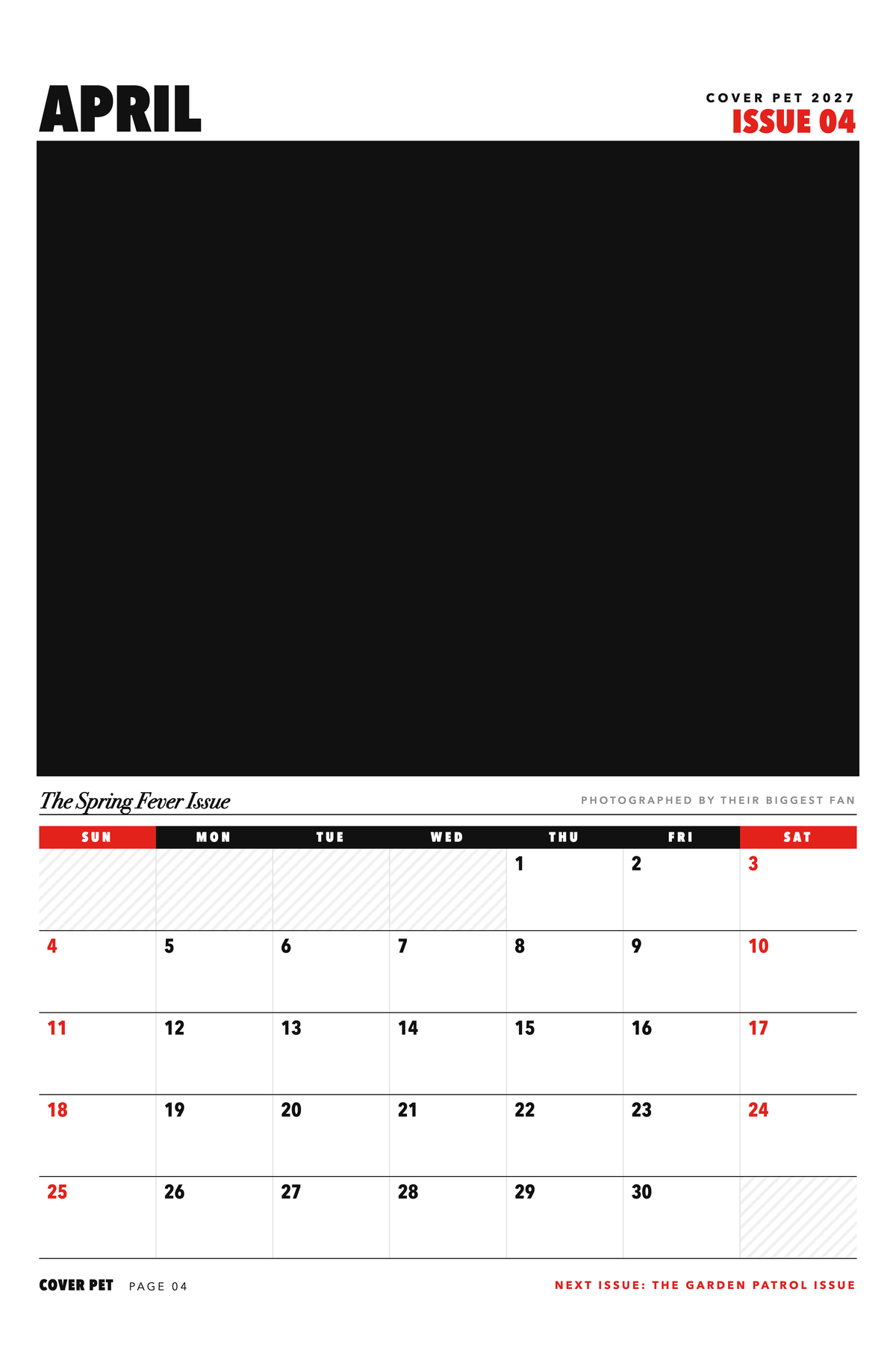 April page of the Personalized Pet Photo Calendar 2027: XL Cover Pet Magazine, with a photo area above the date grid