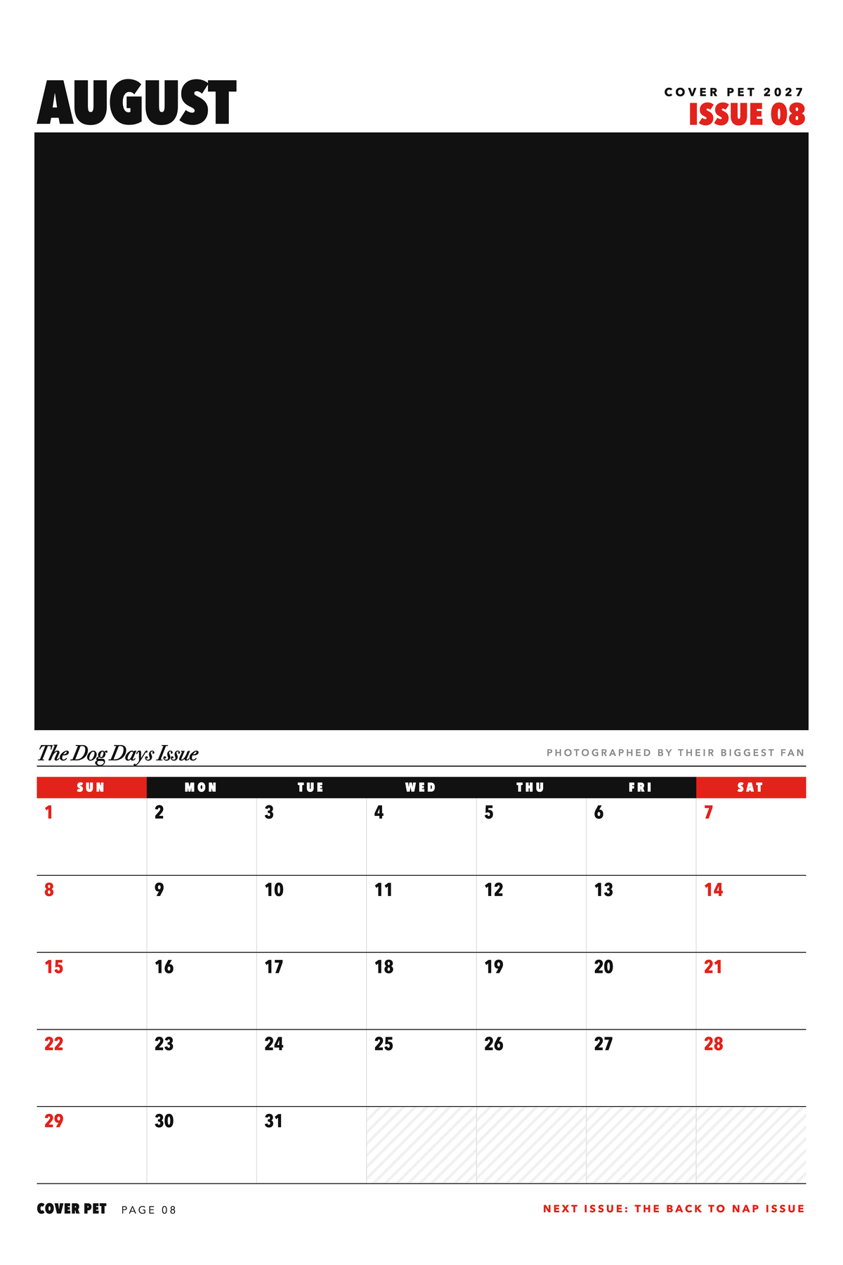 August page of the Personalized Pet Photo Calendar 2027: XL Cover Pet Magazine, with a photo area above the date grid