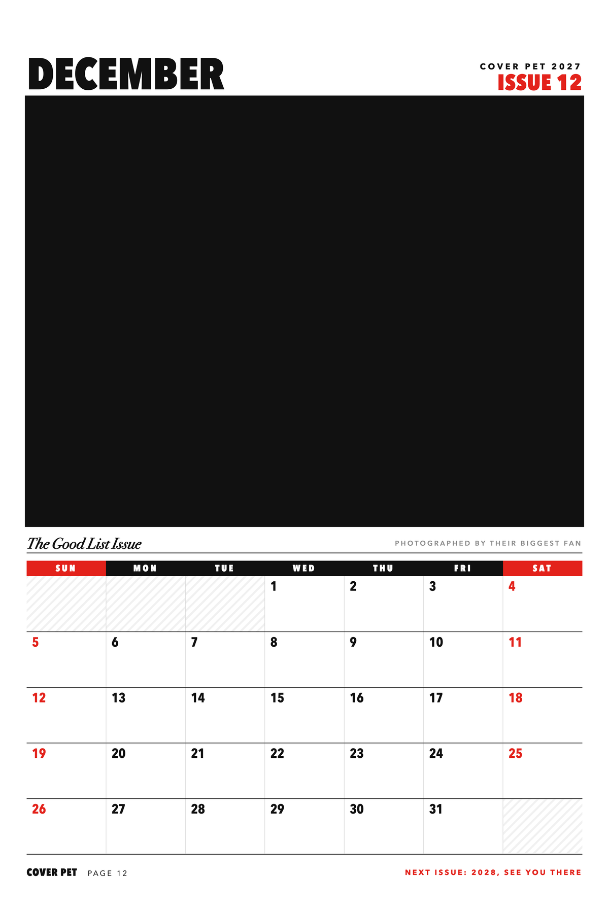 December page of the Personalized Pet Photo Calendar 2027: XL Cover Pet Magazine, with a photo area above the date grid