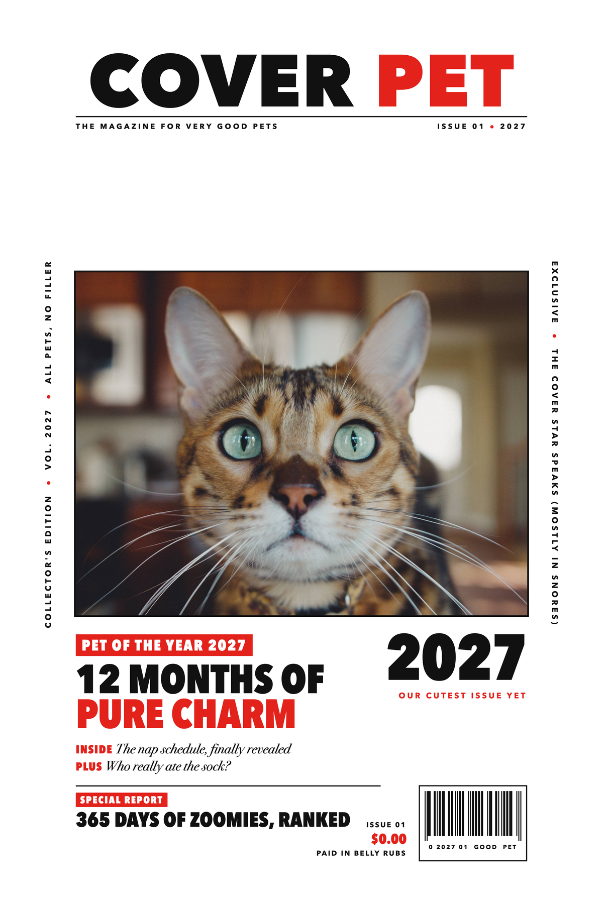Personalized Pet Photo Calendar 2027: XL Cover Pet Magazine, shown with a sample pet photo on the cover