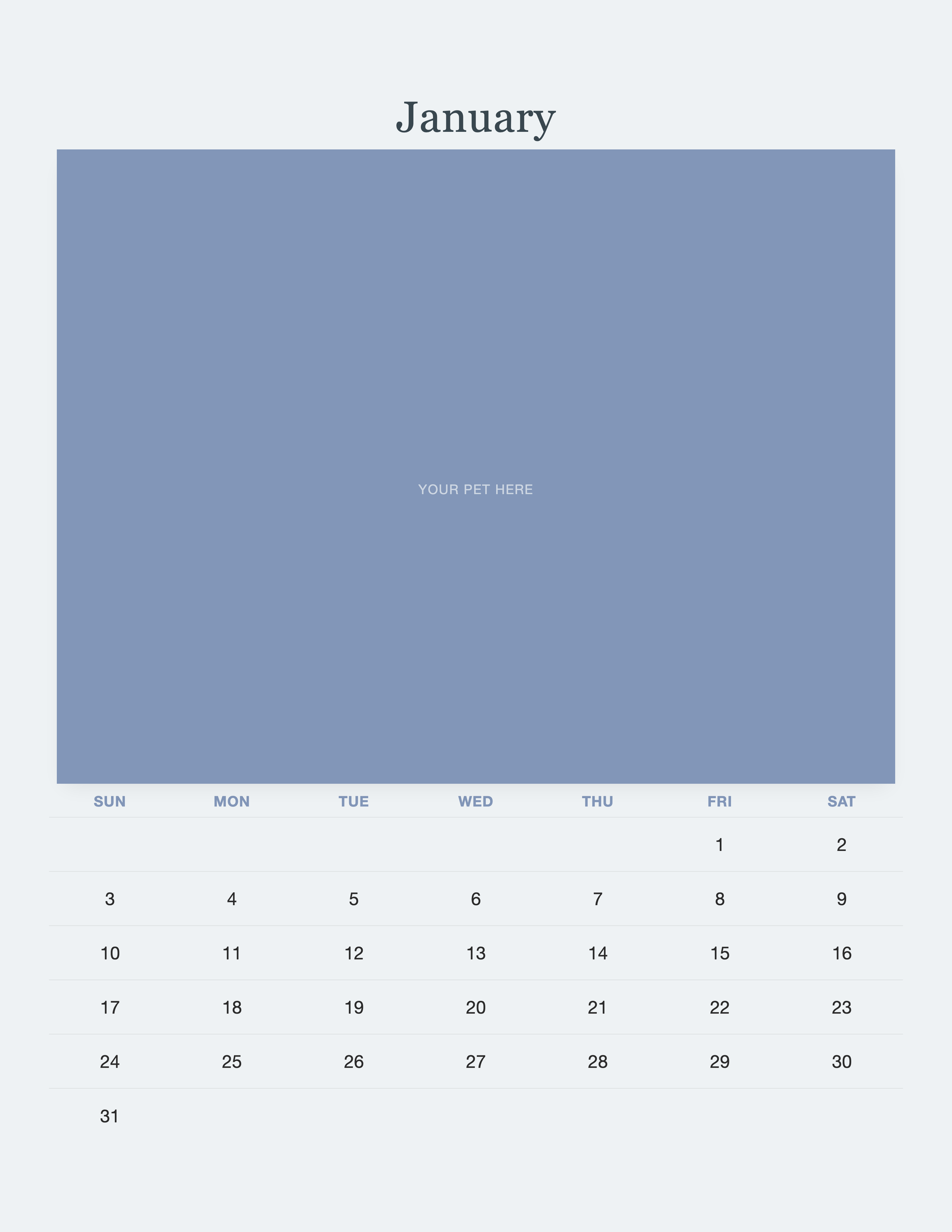 January page of the Pet Memorial Calendar 2027 — In Loving Memory, with a photo area above the date grid