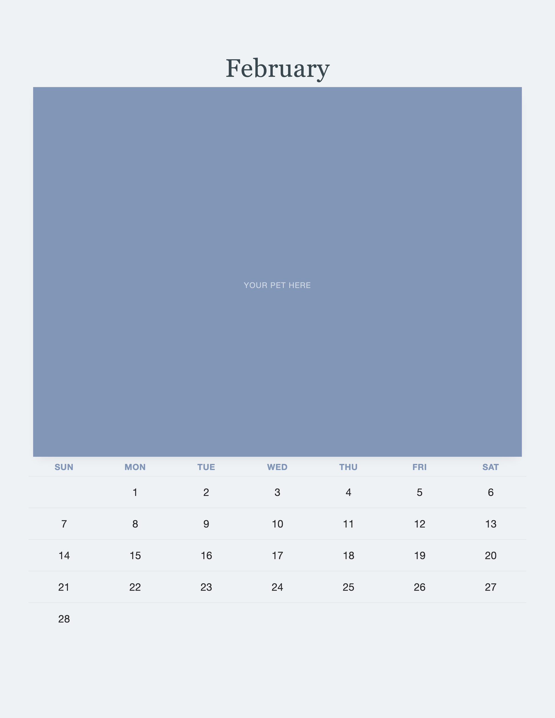February page of the Pet Memorial Calendar 2027 — In Loving Memory, with a photo area above the date grid