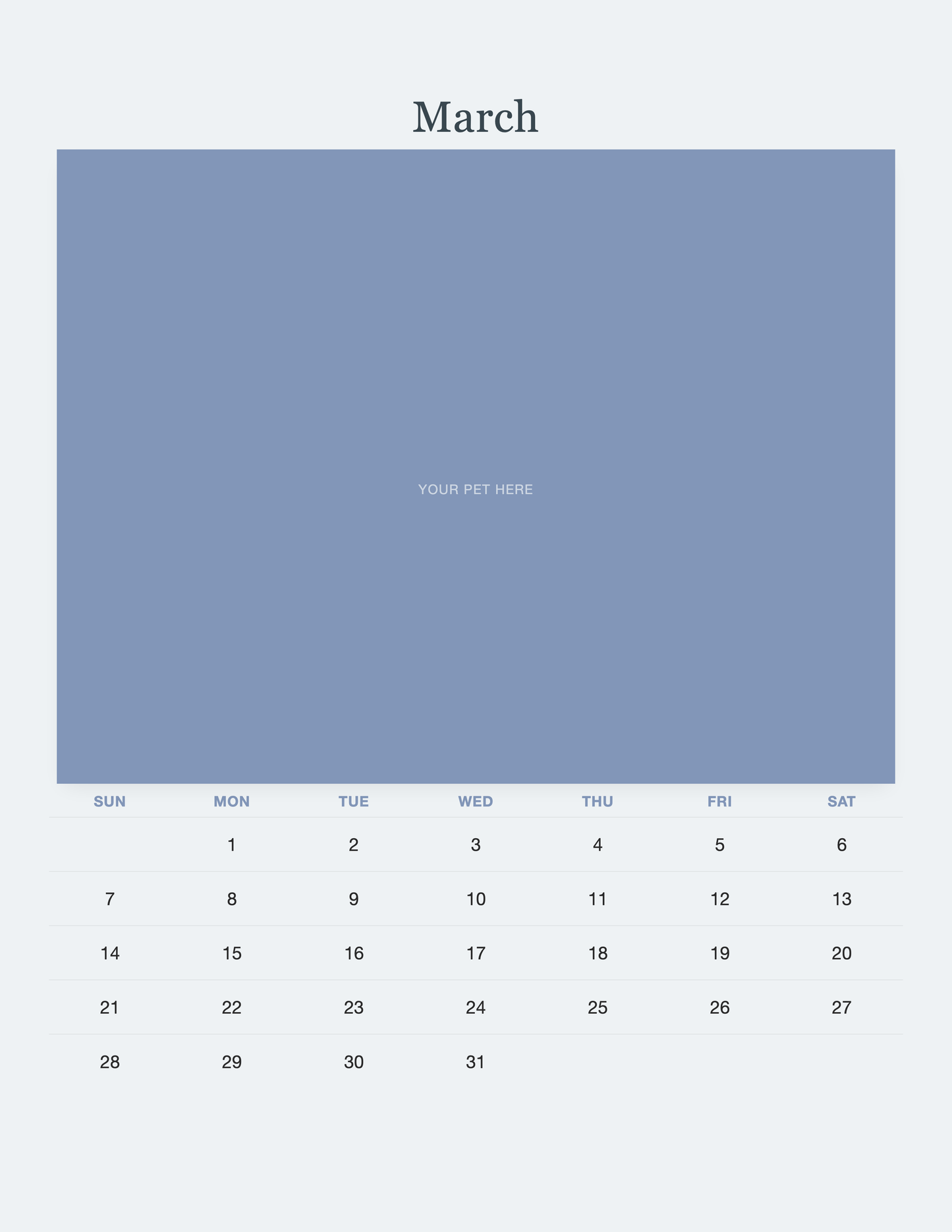 March page of the Pet Memorial Calendar 2027 — In Loving Memory, with a photo area above the date grid
