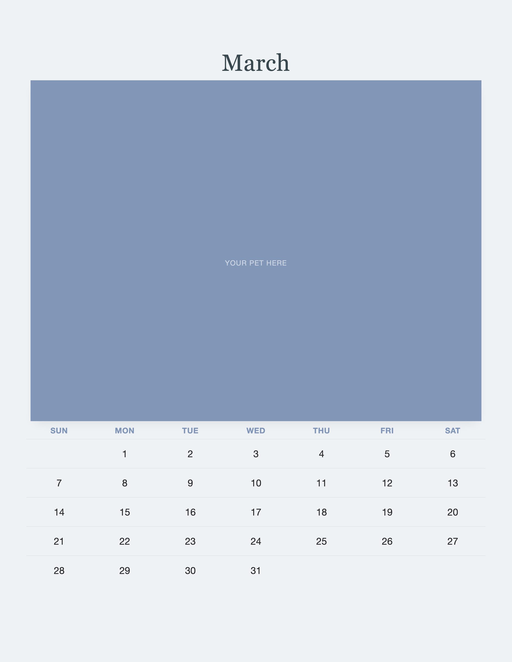 March page of the Pet Memorial Calendar 2027 — In Loving Memory, with a photo area above the date grid
