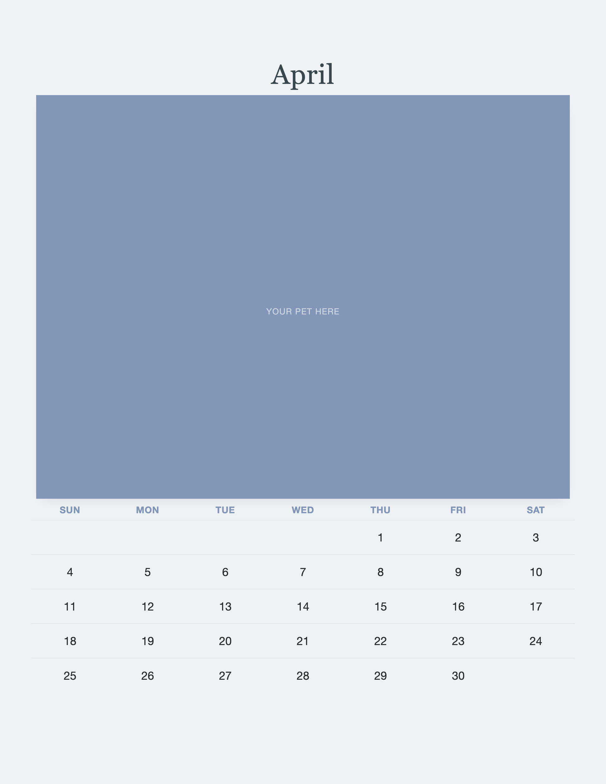 April page of the Pet Memorial Calendar 2027 — In Loving Memory, with a photo area above the date grid