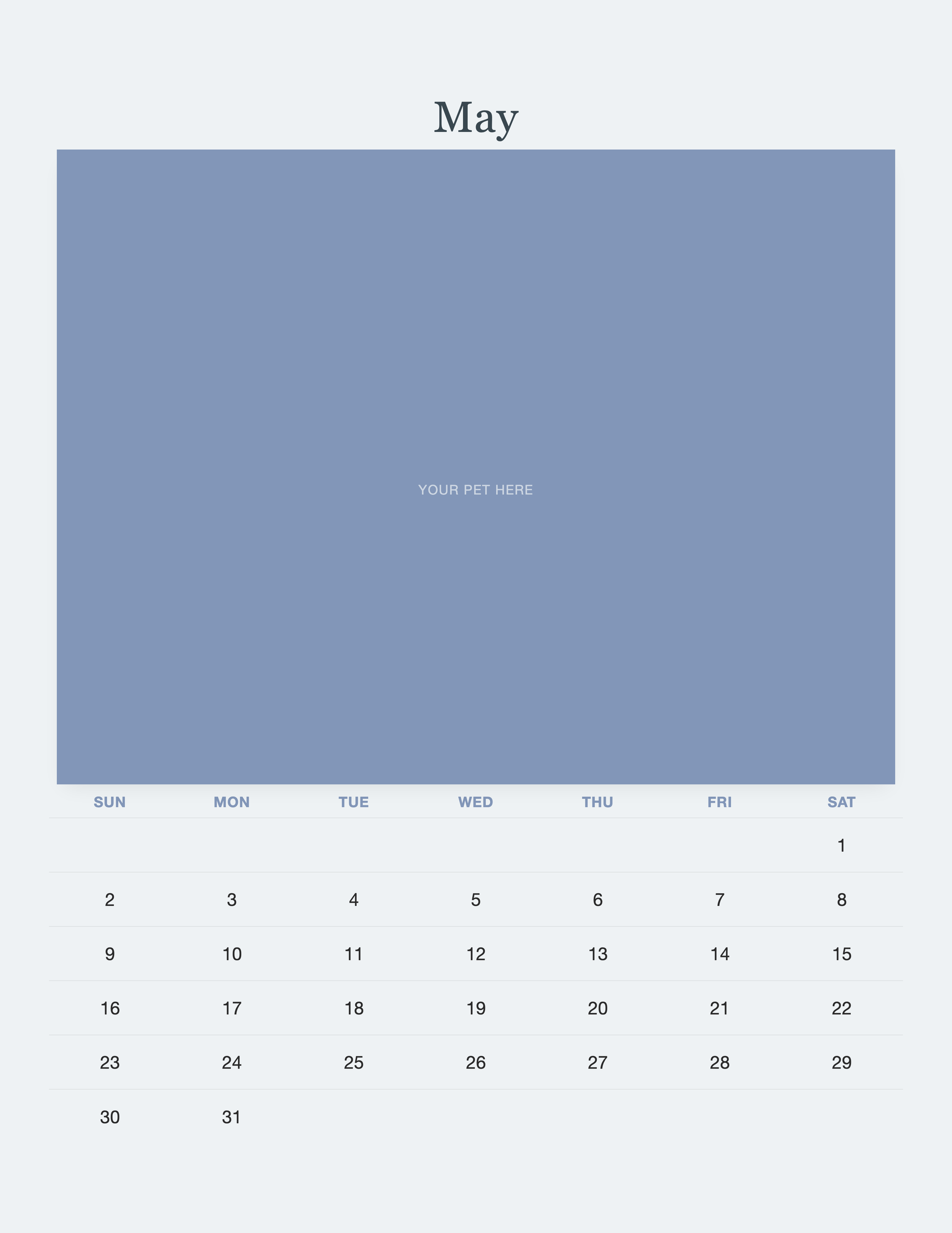 May page of the Pet Memorial Calendar 2027 — In Loving Memory, with a photo area above the date grid