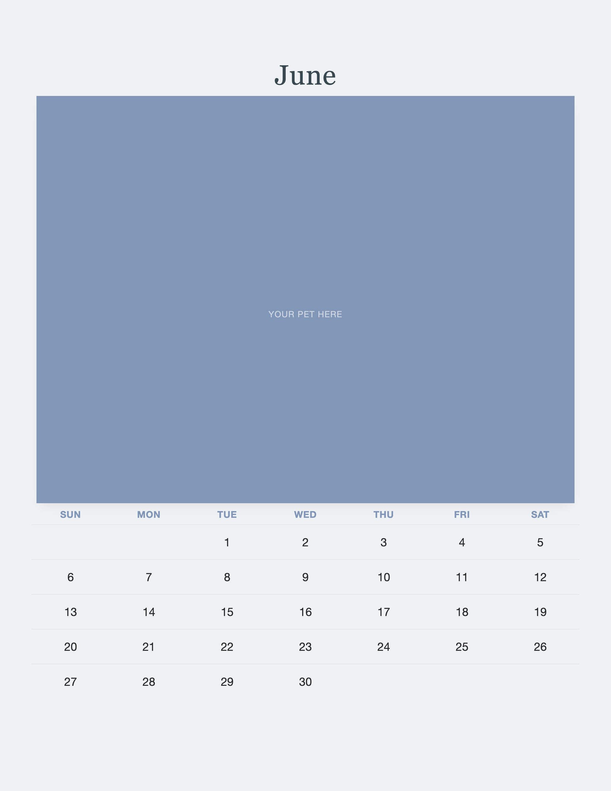 June page of the Pet Memorial Calendar 2027 — In Loving Memory, with a photo area above the date grid