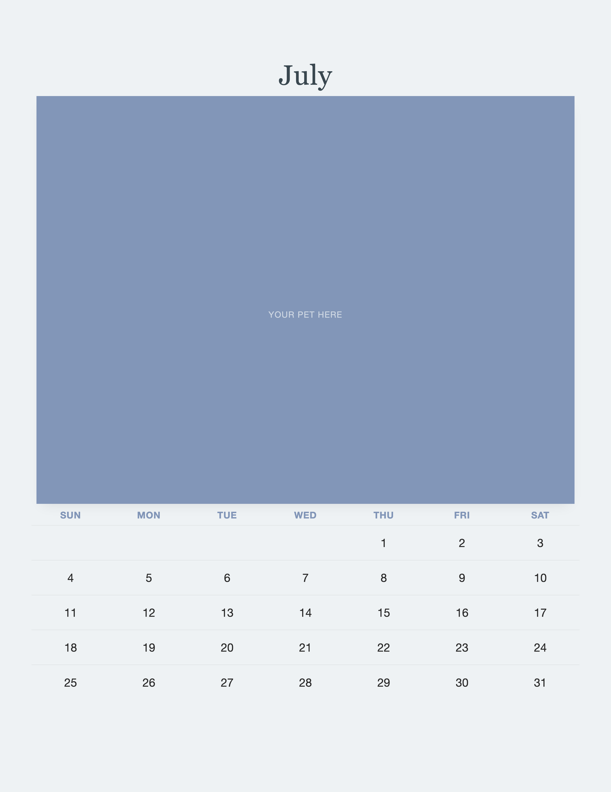July page of the Pet Memorial Calendar 2027 — In Loving Memory, with a photo area above the date grid