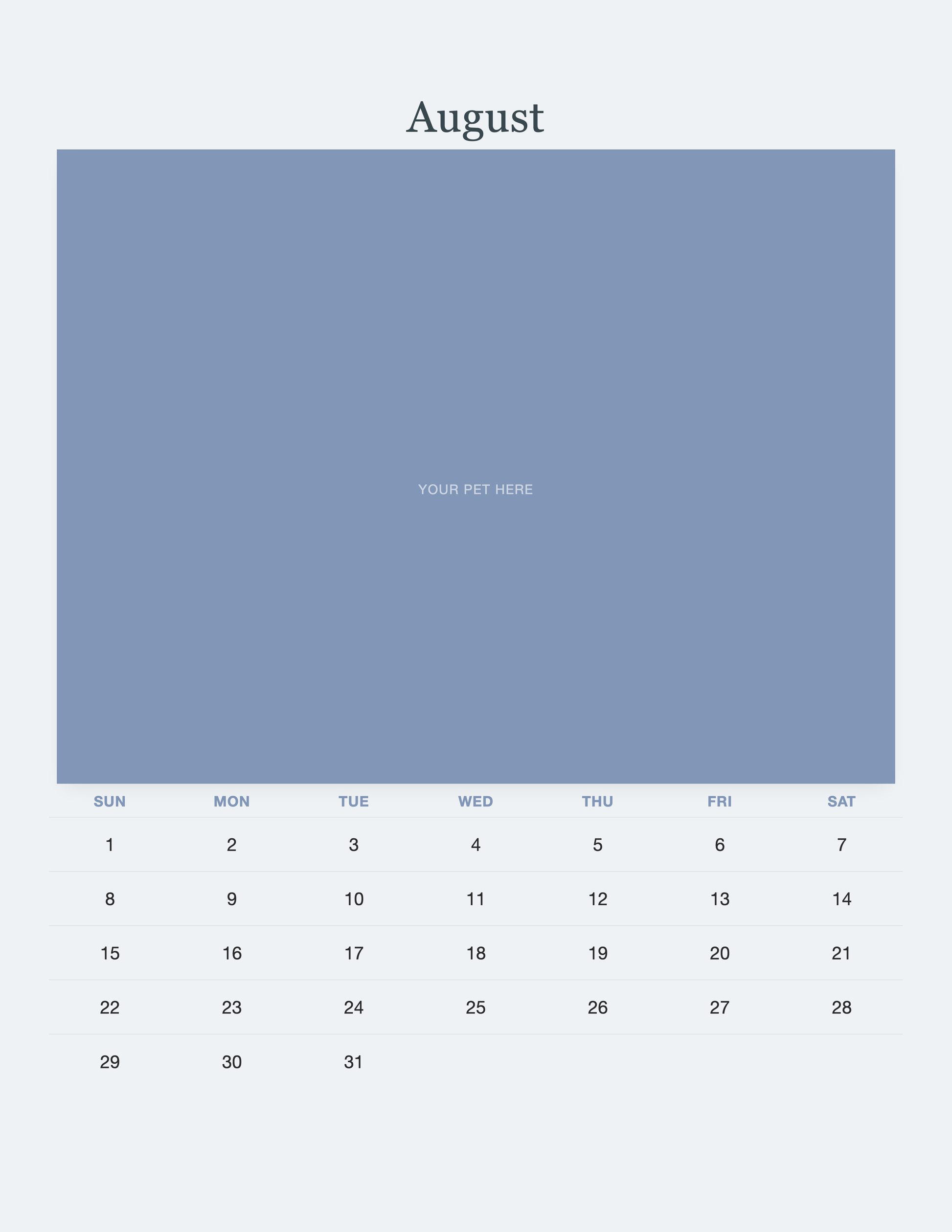August page of the Pet Memorial Calendar 2027 — In Loving Memory, with a photo area above the date grid