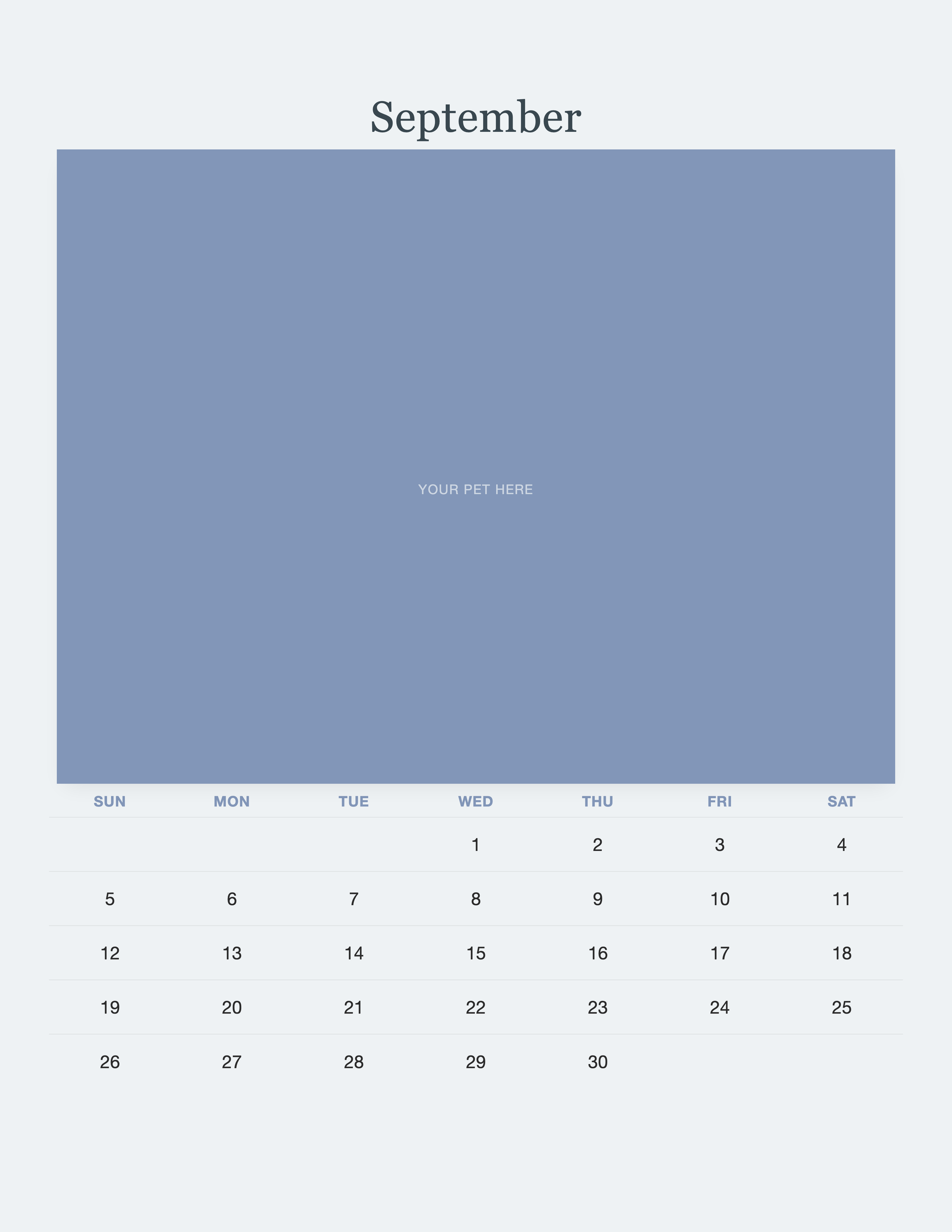 September page of the Pet Memorial Calendar 2027 — In Loving Memory, with a photo area above the date grid