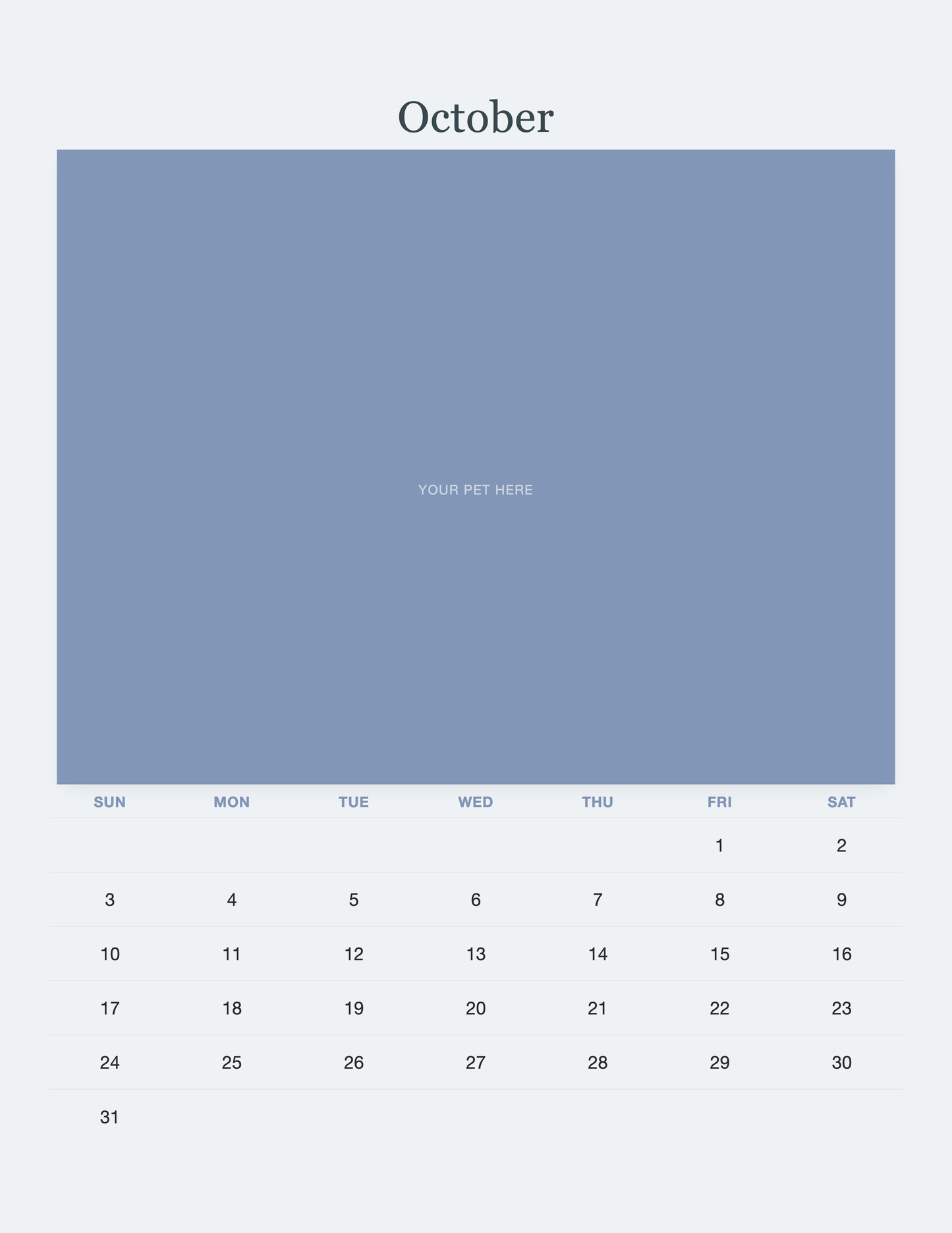 October page of the Pet Memorial Calendar 2027 — In Loving Memory, with a photo area above the date grid