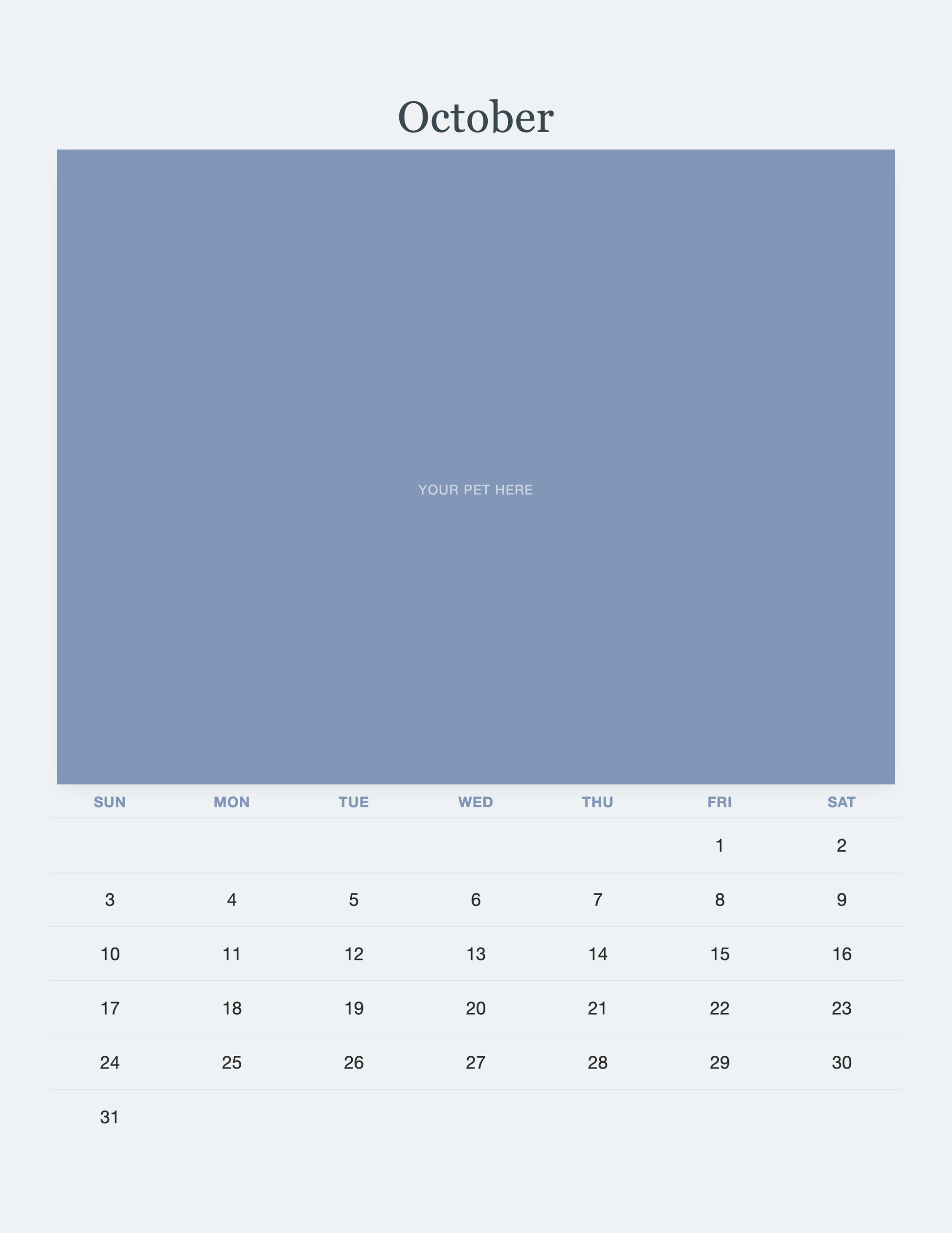 October page of the Pet Memorial Calendar 2027 — In Loving Memory, with a photo area above the date grid
