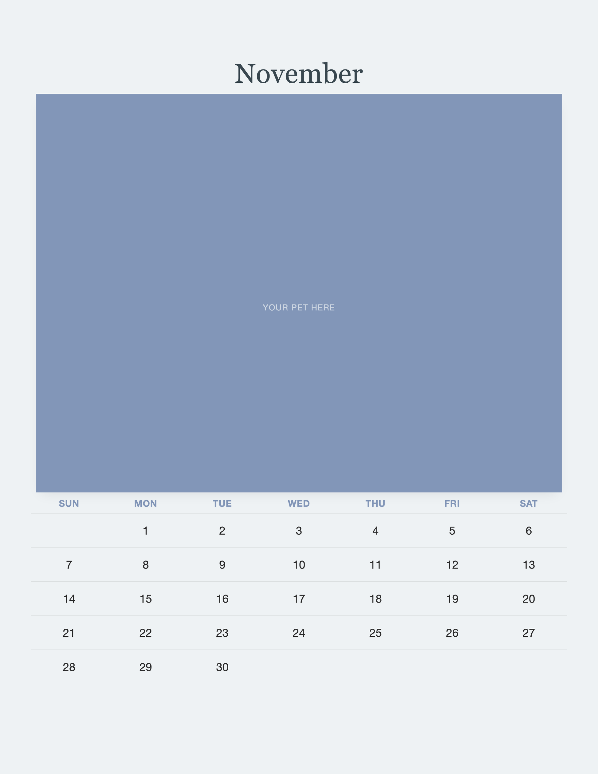 November page of the Pet Memorial Calendar 2027 — In Loving Memory, with a photo area above the date grid