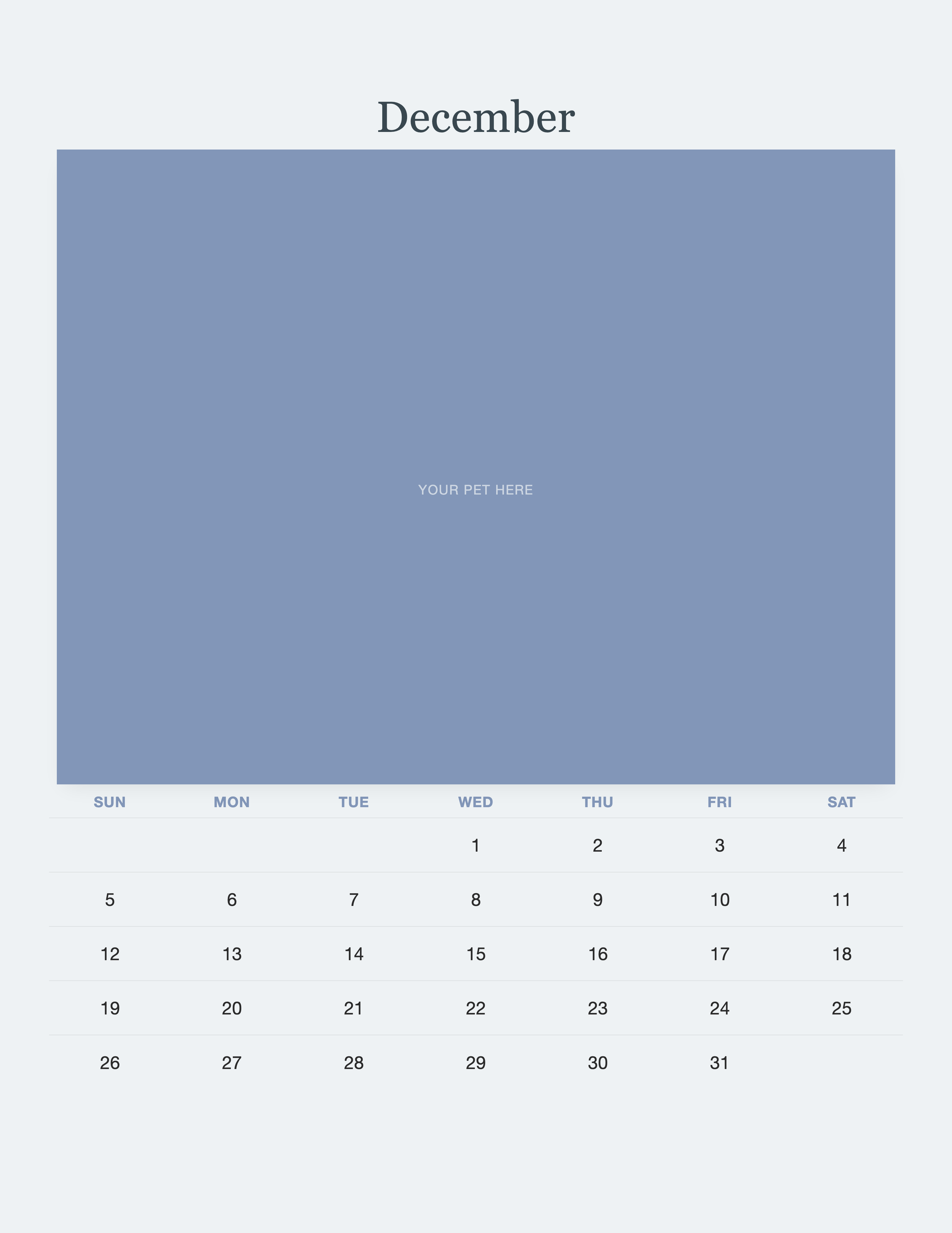 December page of the Pet Memorial Calendar 2027 — In Loving Memory, with a photo area above the date grid