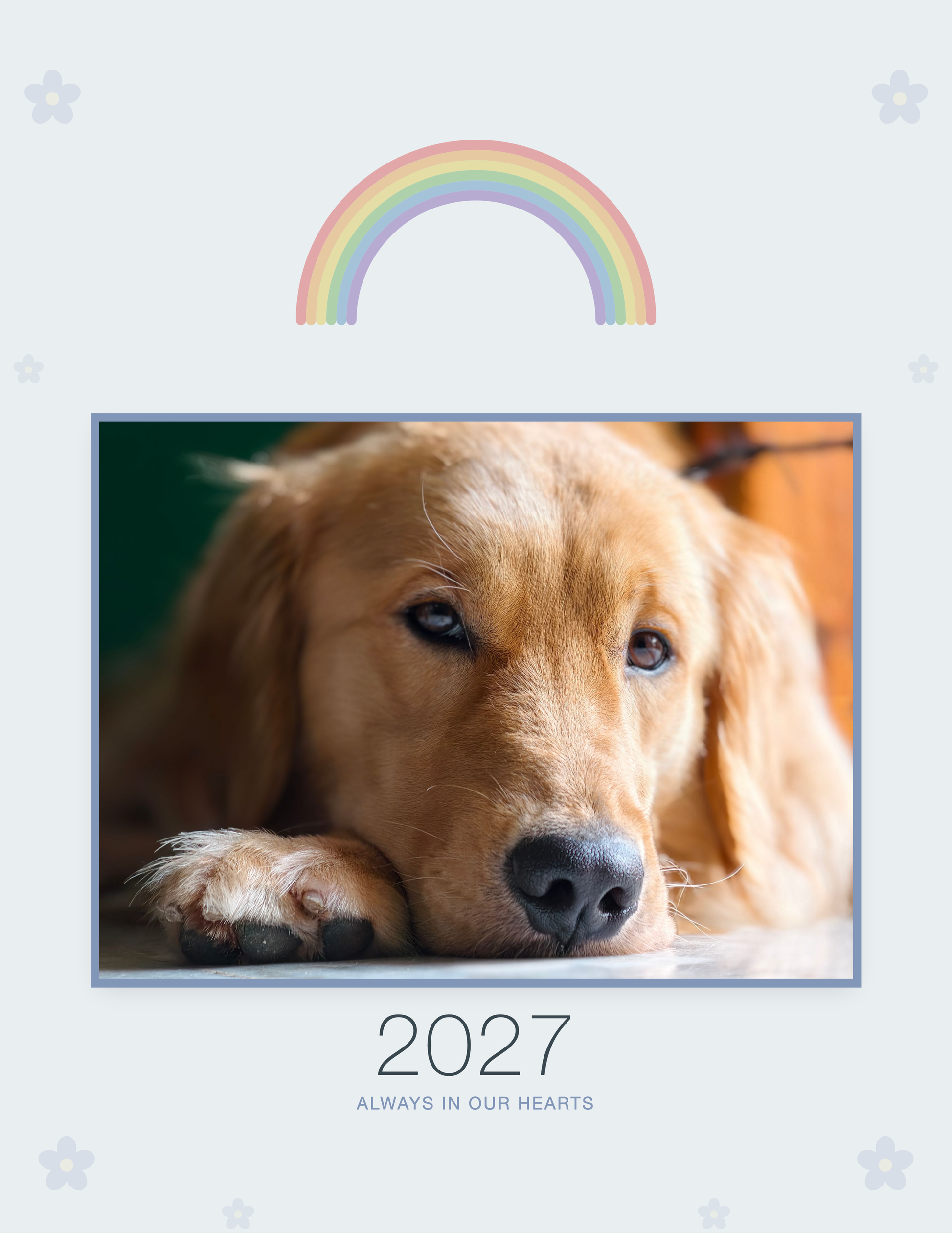 Pet Memorial Calendar 2027 — In Loving Memory shown with a sample pet photo on the cover