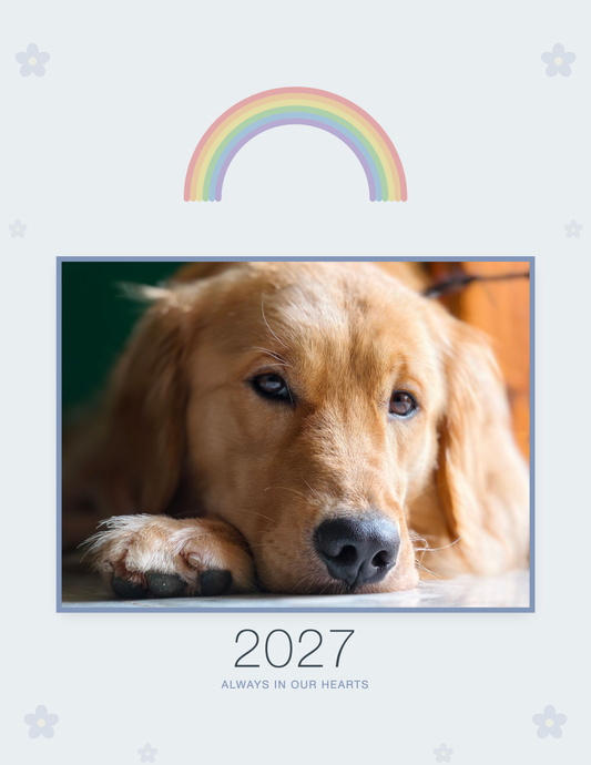 Pet Memorial Calendar 2027 — In Loving Memory shown with a sample pet photo on the cover