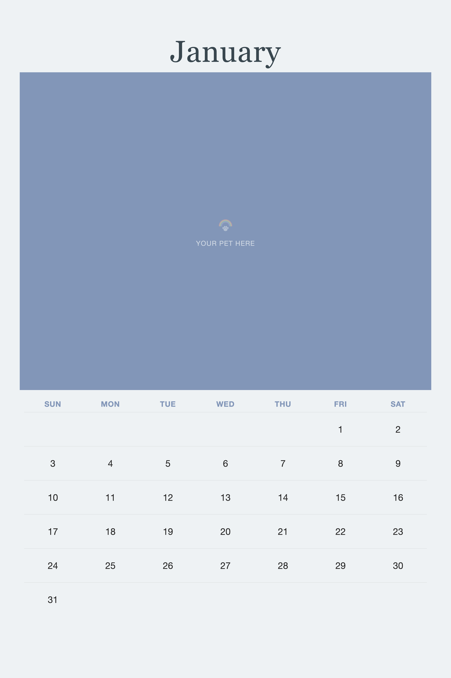 January page of the Pet Memorial Calendar 2027 — In Loving Memory, with a photo area above the date grid