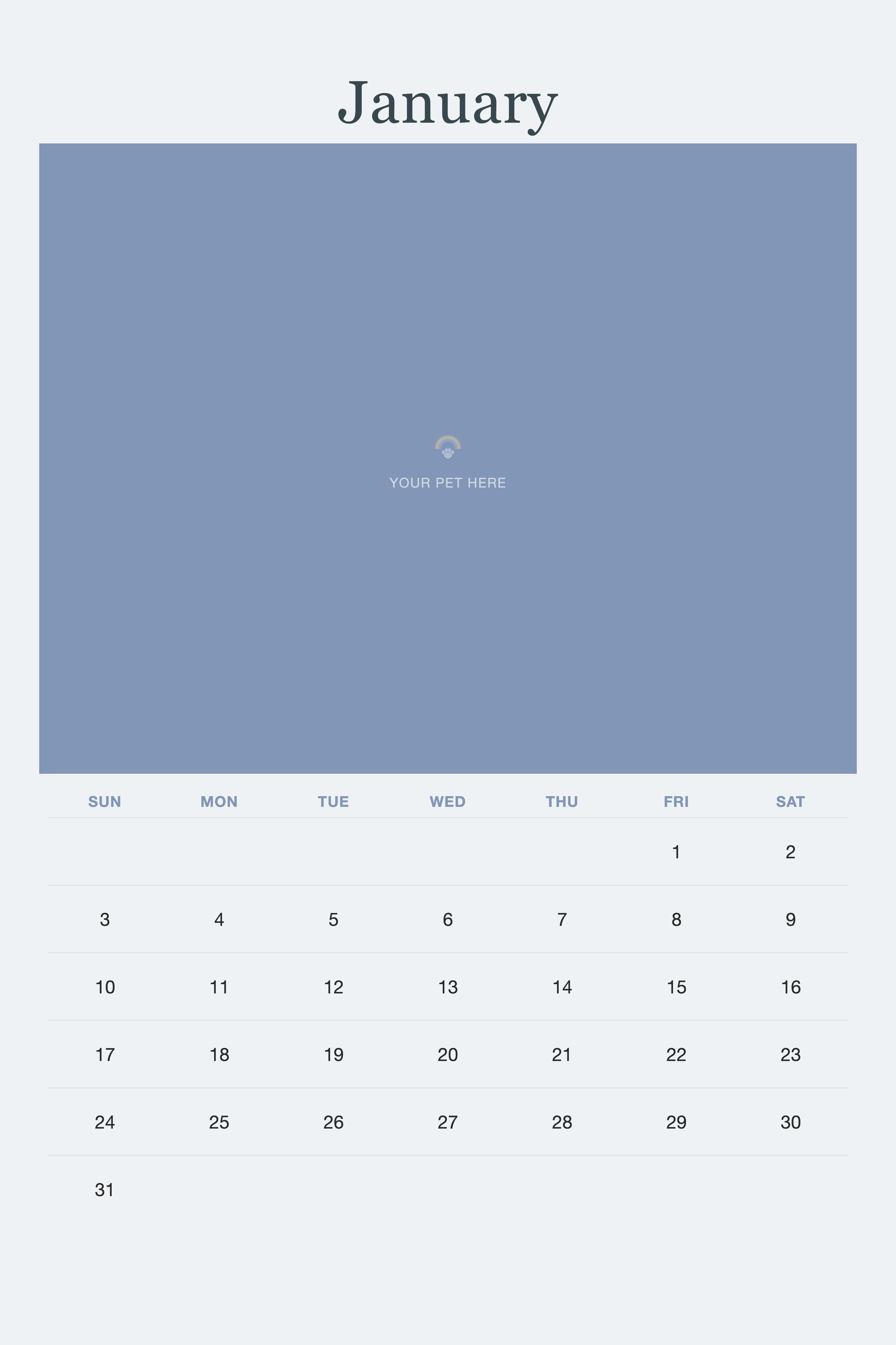 January page of the Pet Memorial Calendar 2027 — In Loving Memory, with a photo area above the date grid