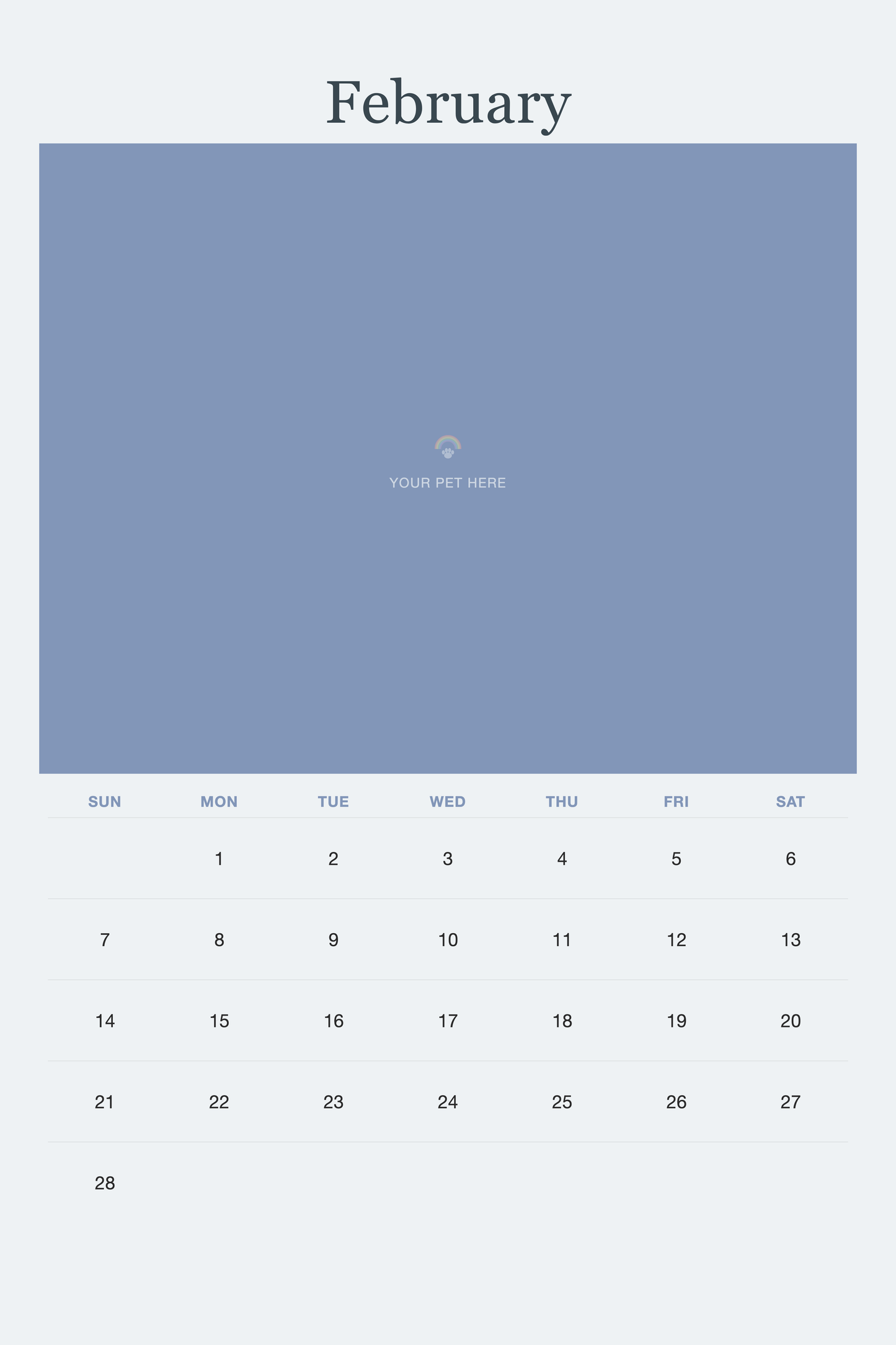 February page of the Pet Memorial Calendar 2027 — In Loving Memory, with a photo area above the date grid