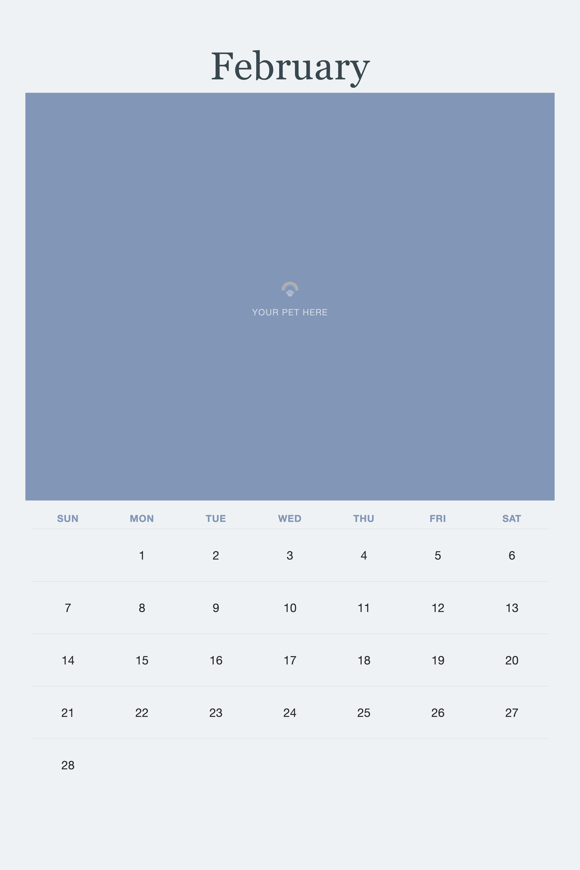 February page of the Pet Memorial Calendar 2027 — In Loving Memory, with a photo area above the date grid