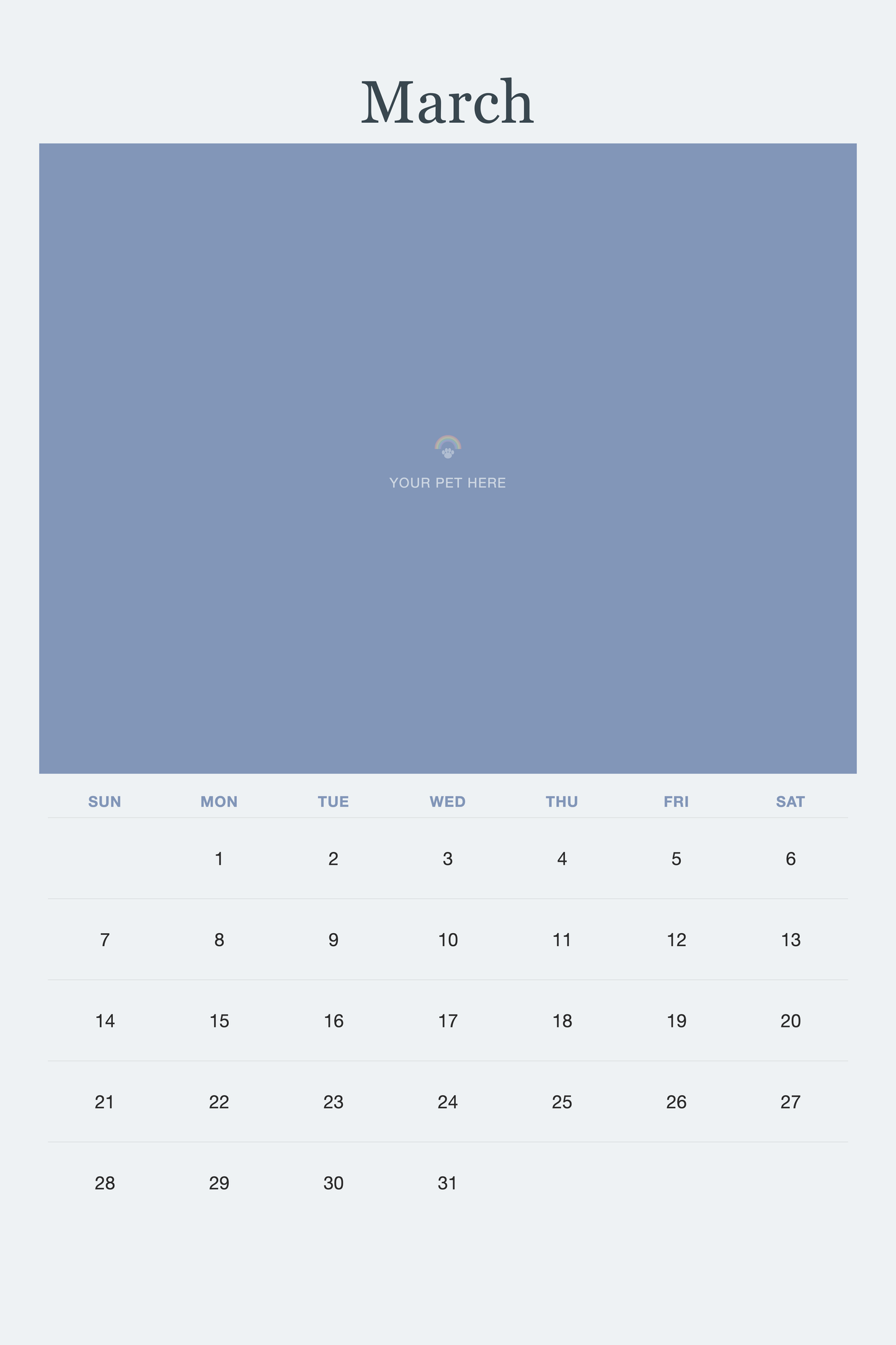 March page of the Pet Memorial Calendar 2027 — In Loving Memory, with a photo area above the date grid
