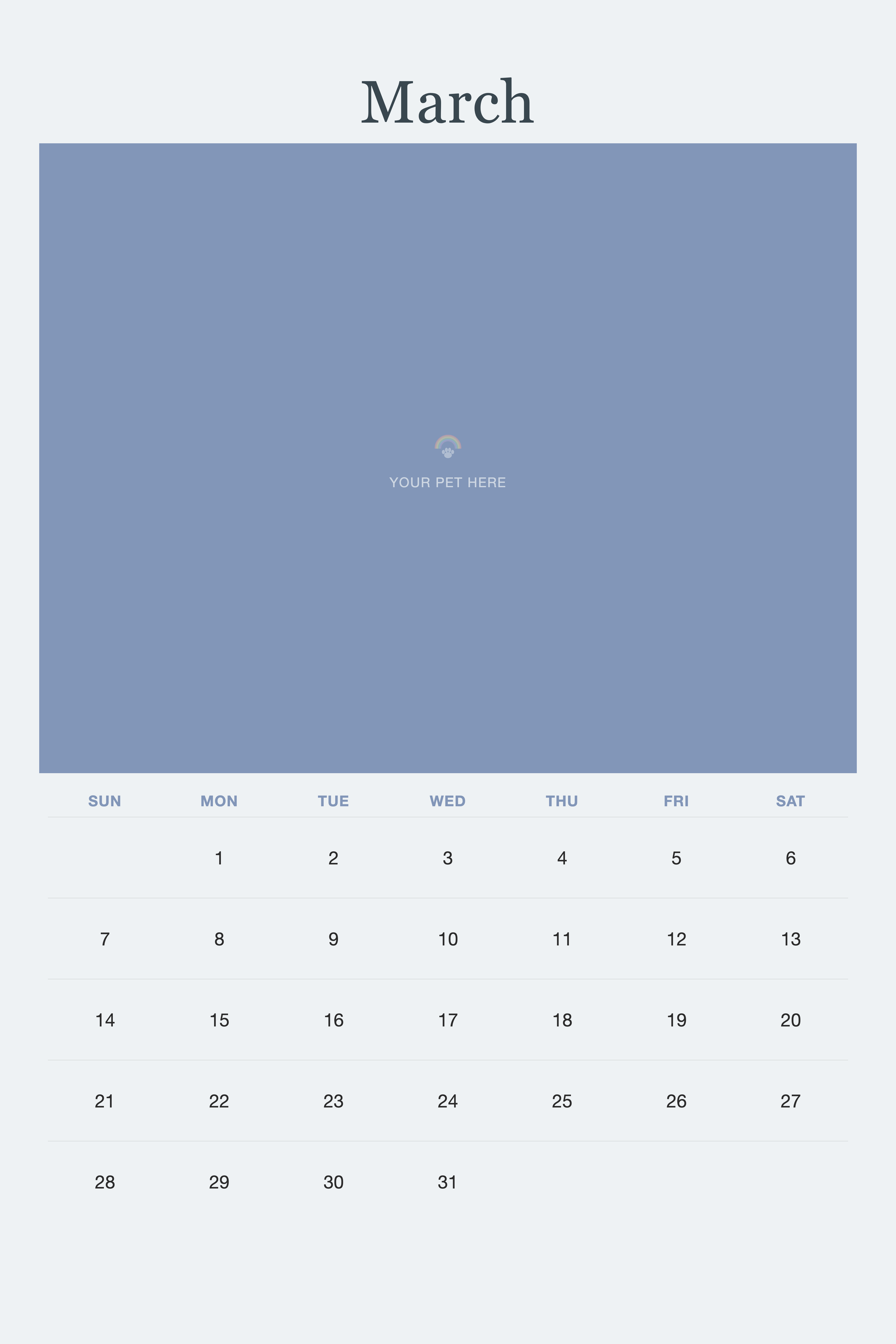 March page of the Pet Memorial Calendar 2027 — In Loving Memory, with a photo area above the date grid