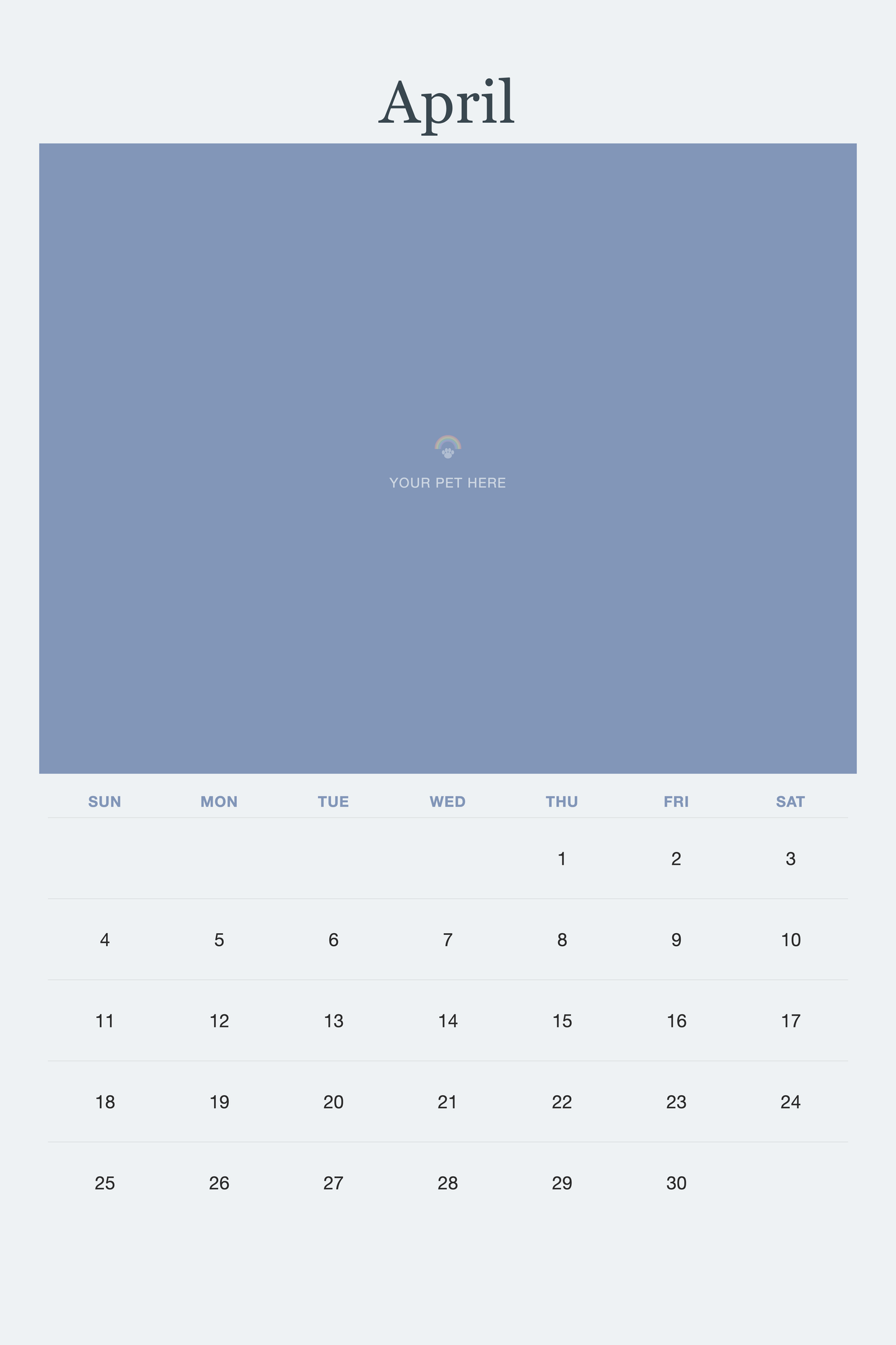 April page of the Pet Memorial Calendar 2027 — In Loving Memory, with a photo area above the date grid