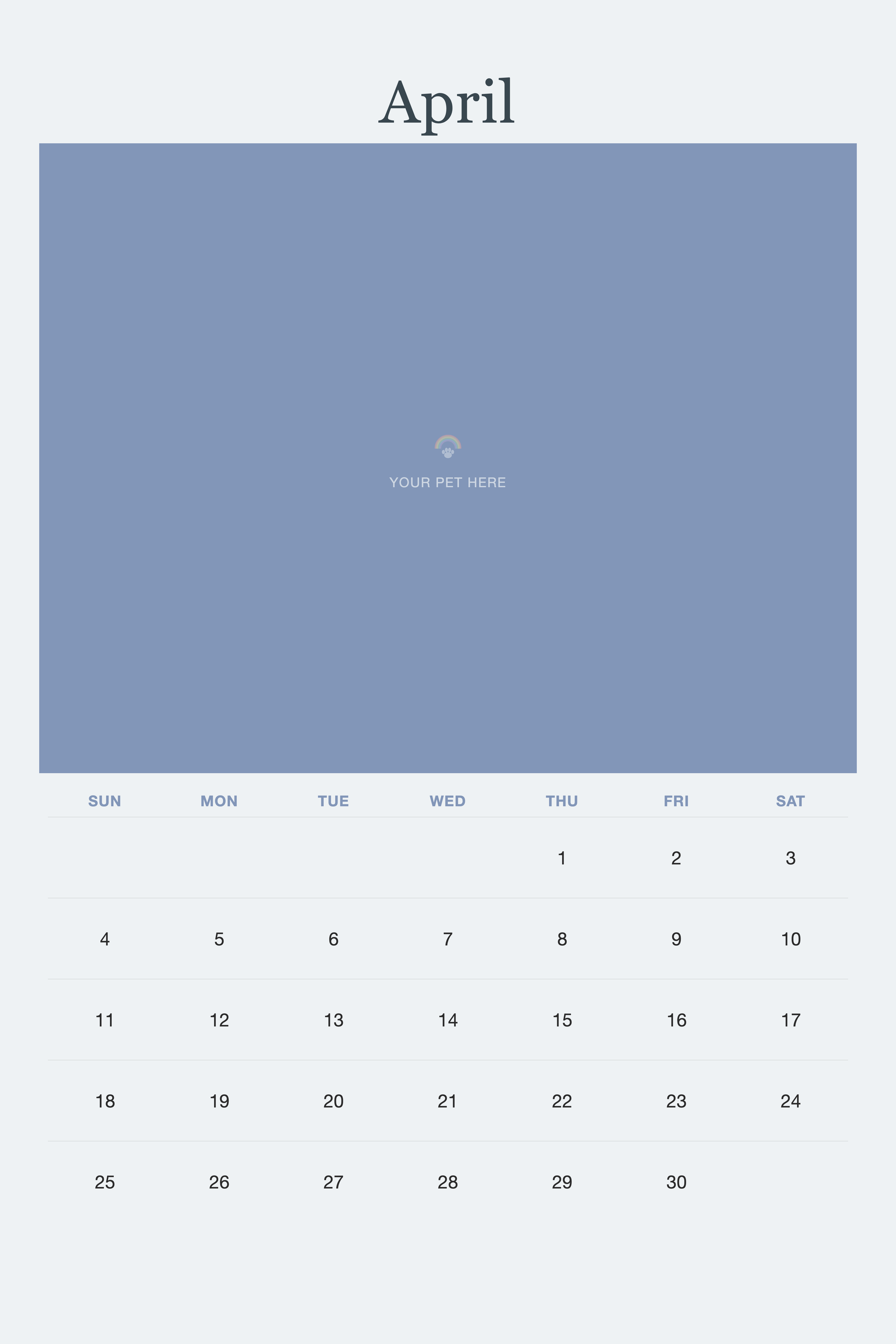 April page of the Pet Memorial Calendar 2027 — In Loving Memory, with a photo area above the date grid