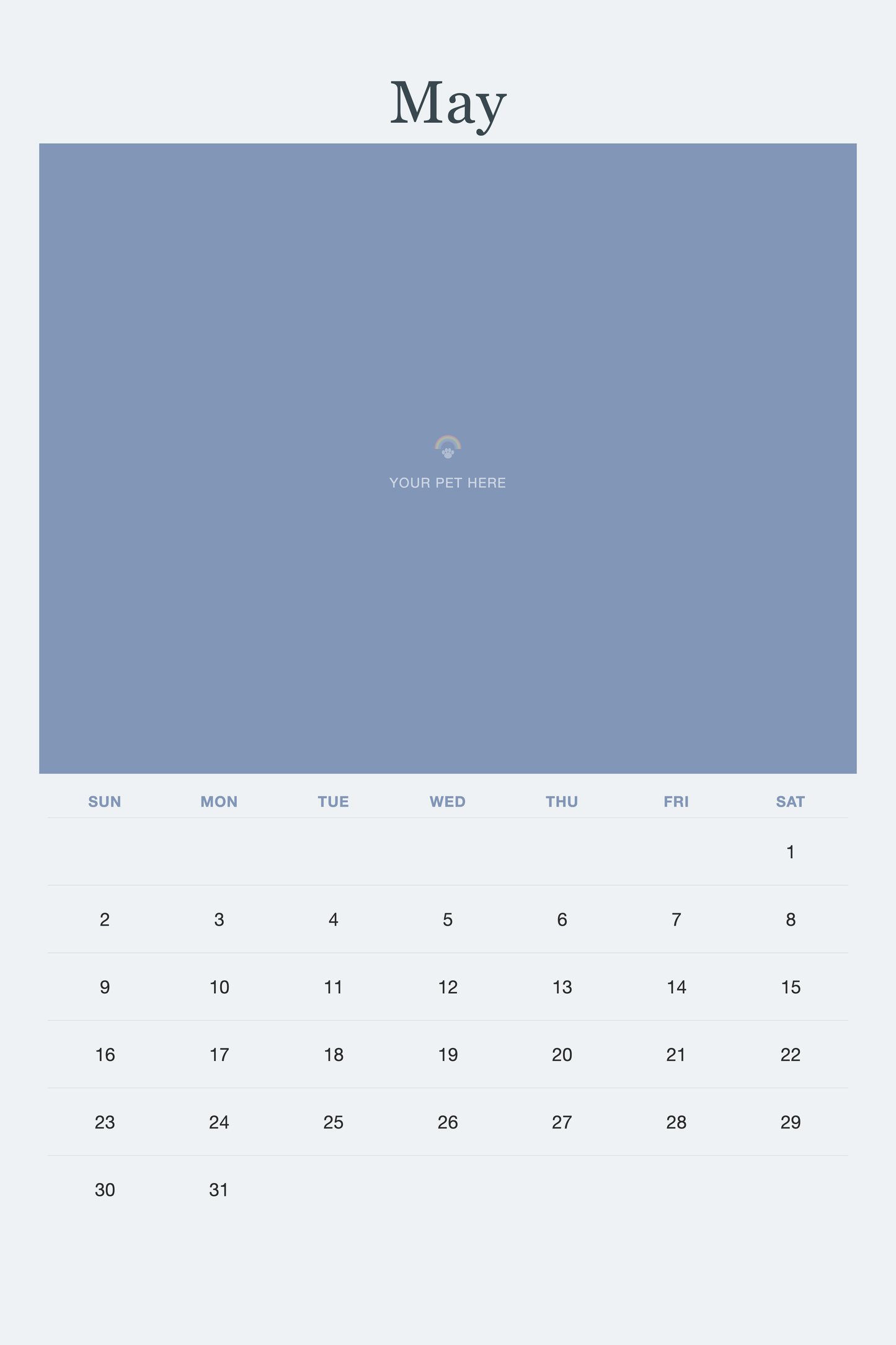 May page of the Pet Memorial Calendar 2027 — In Loving Memory, with a photo area above the date grid