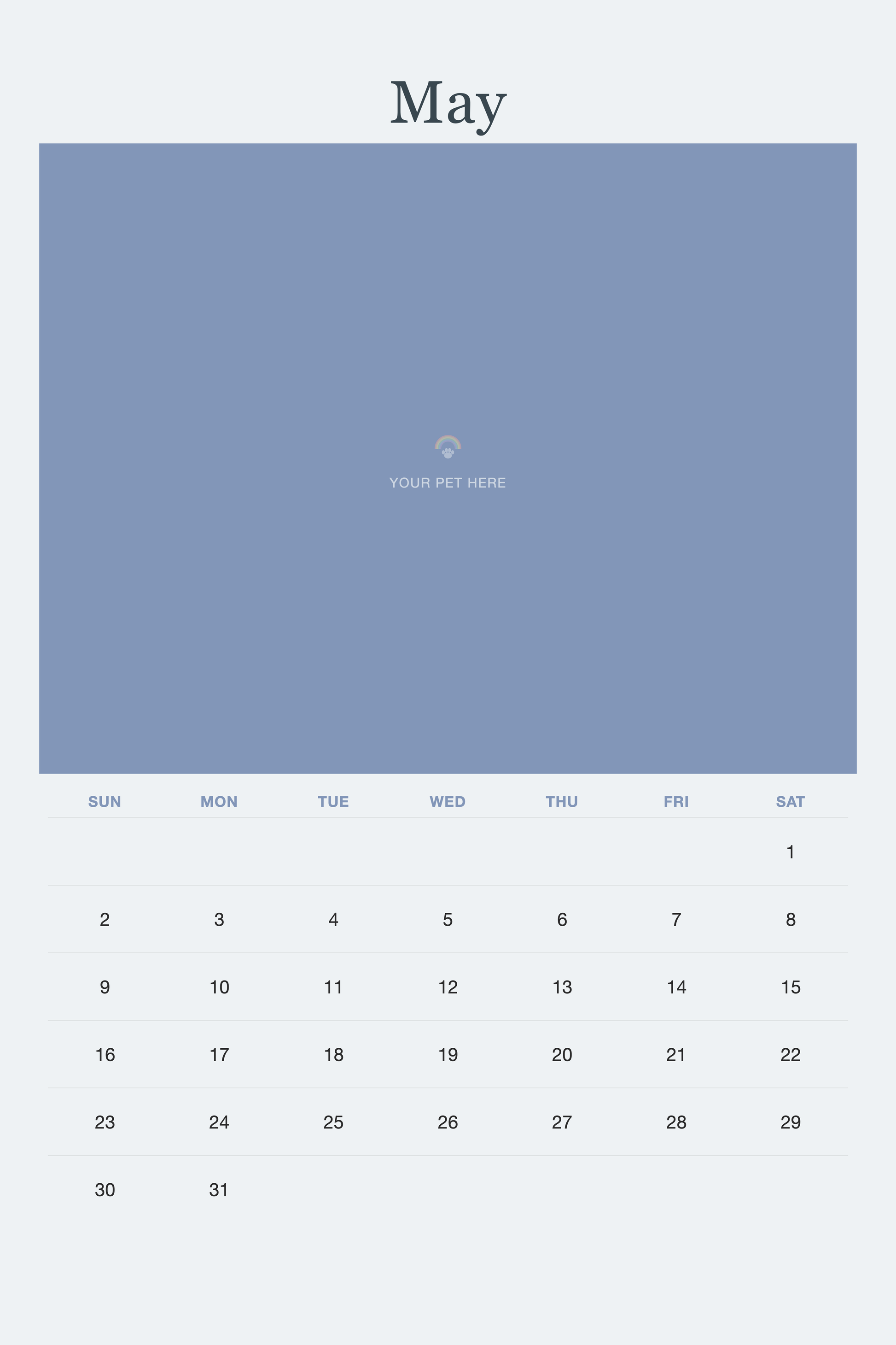 May page of the Pet Memorial Calendar 2027 — In Loving Memory, with a photo area above the date grid
