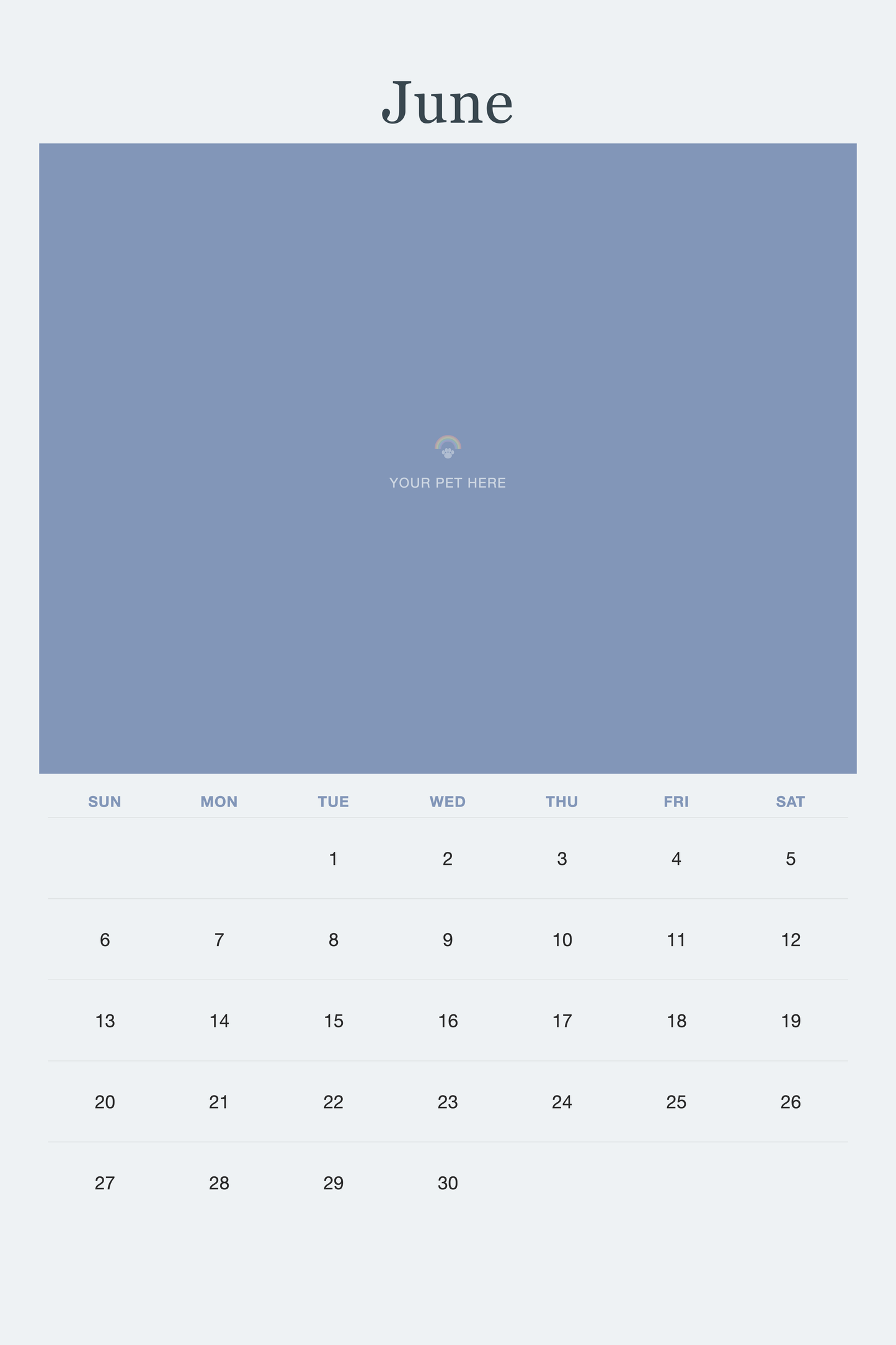 June page of the Pet Memorial Calendar 2027 — In Loving Memory, with a photo area above the date grid