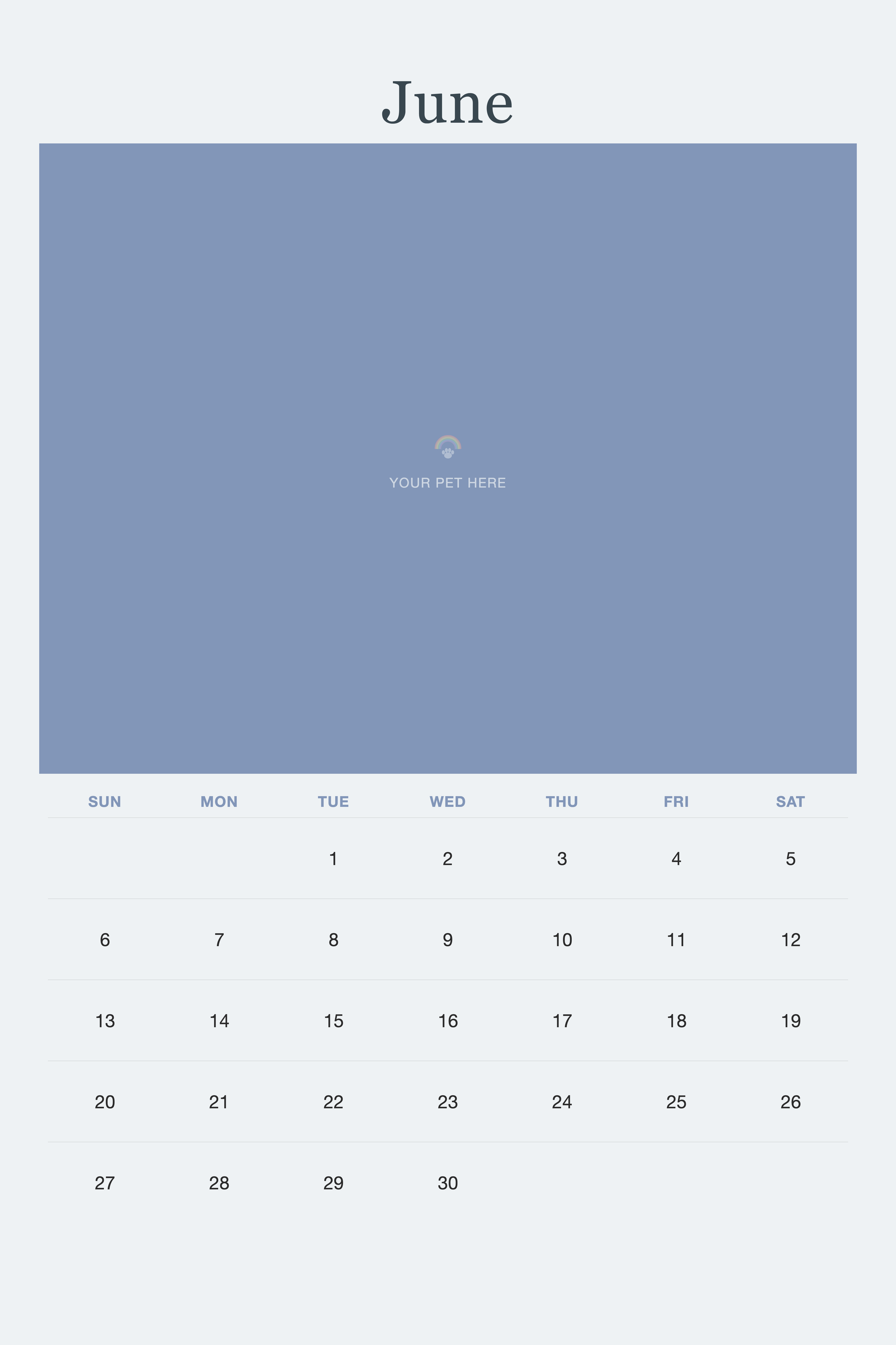 June page of the Pet Memorial Calendar 2027 — In Loving Memory, with a photo area above the date grid