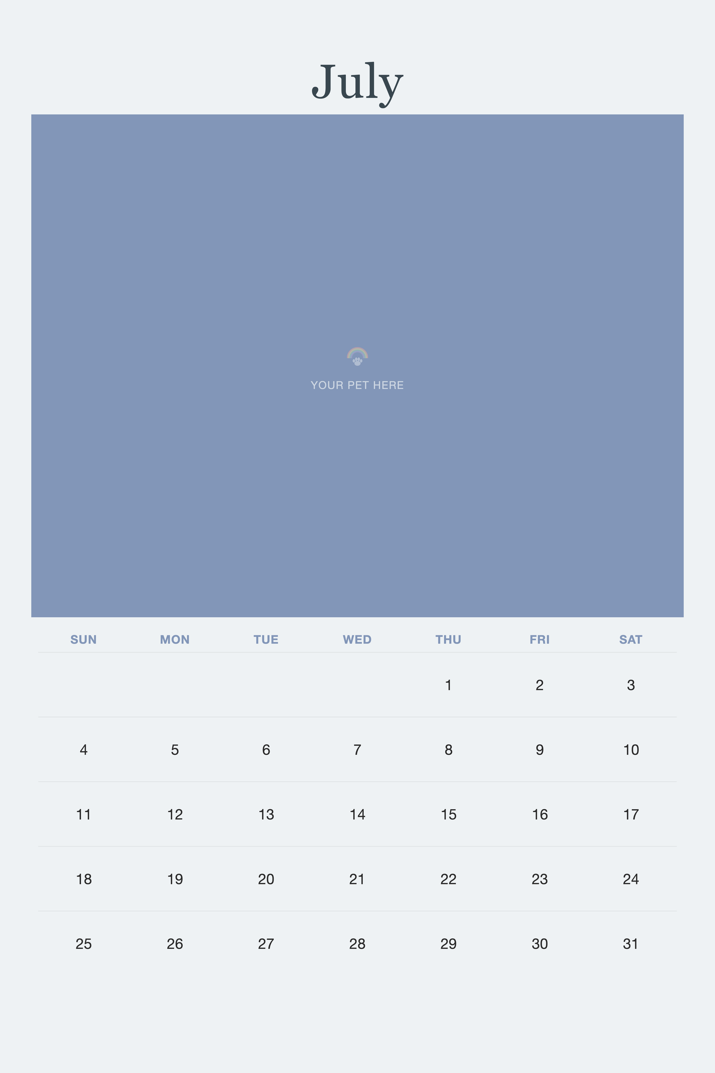 July page of the Pet Memorial Calendar 2027 — In Loving Memory, with a photo area above the date grid