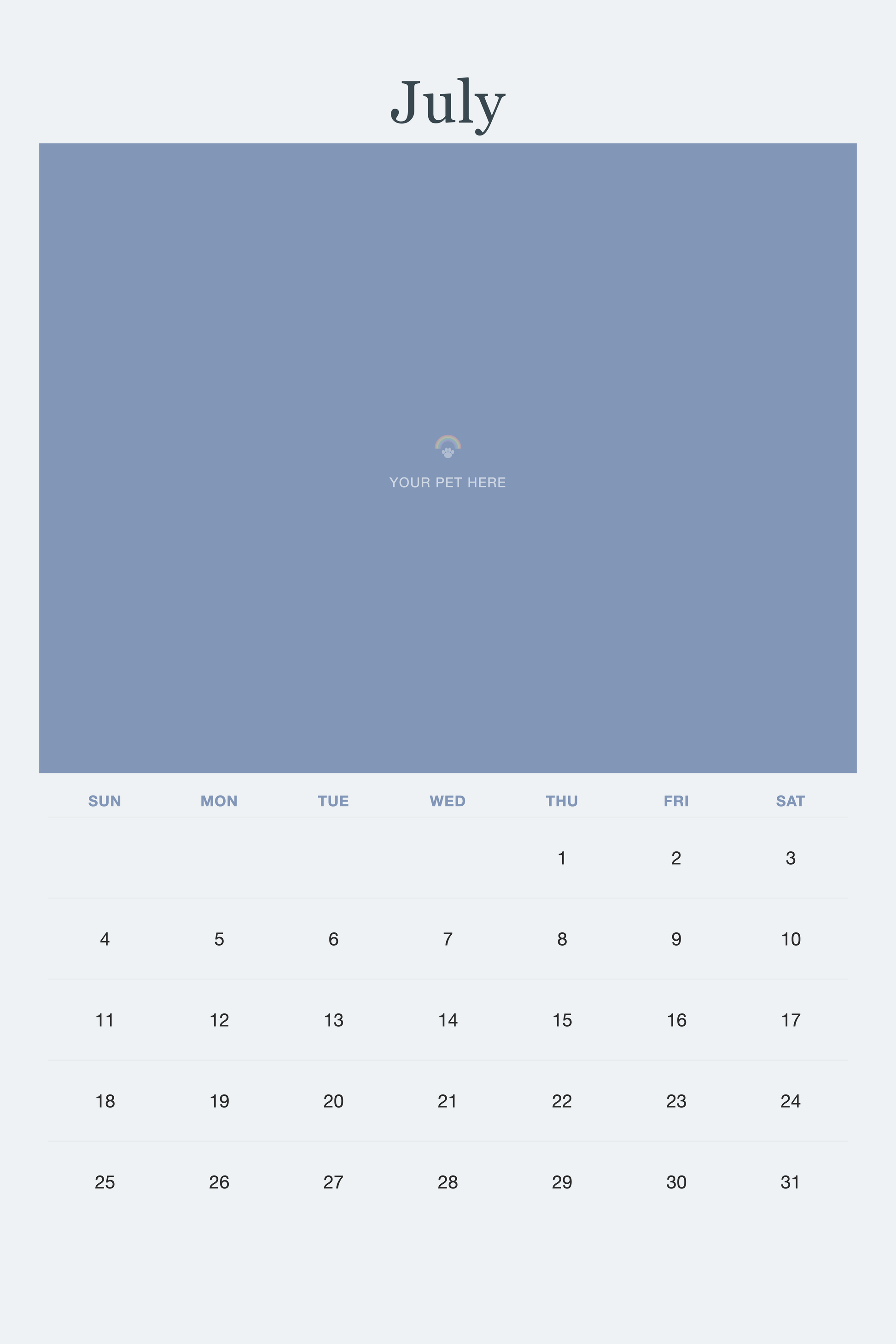 July page of the Pet Memorial Calendar 2027 — In Loving Memory, with a photo area above the date grid