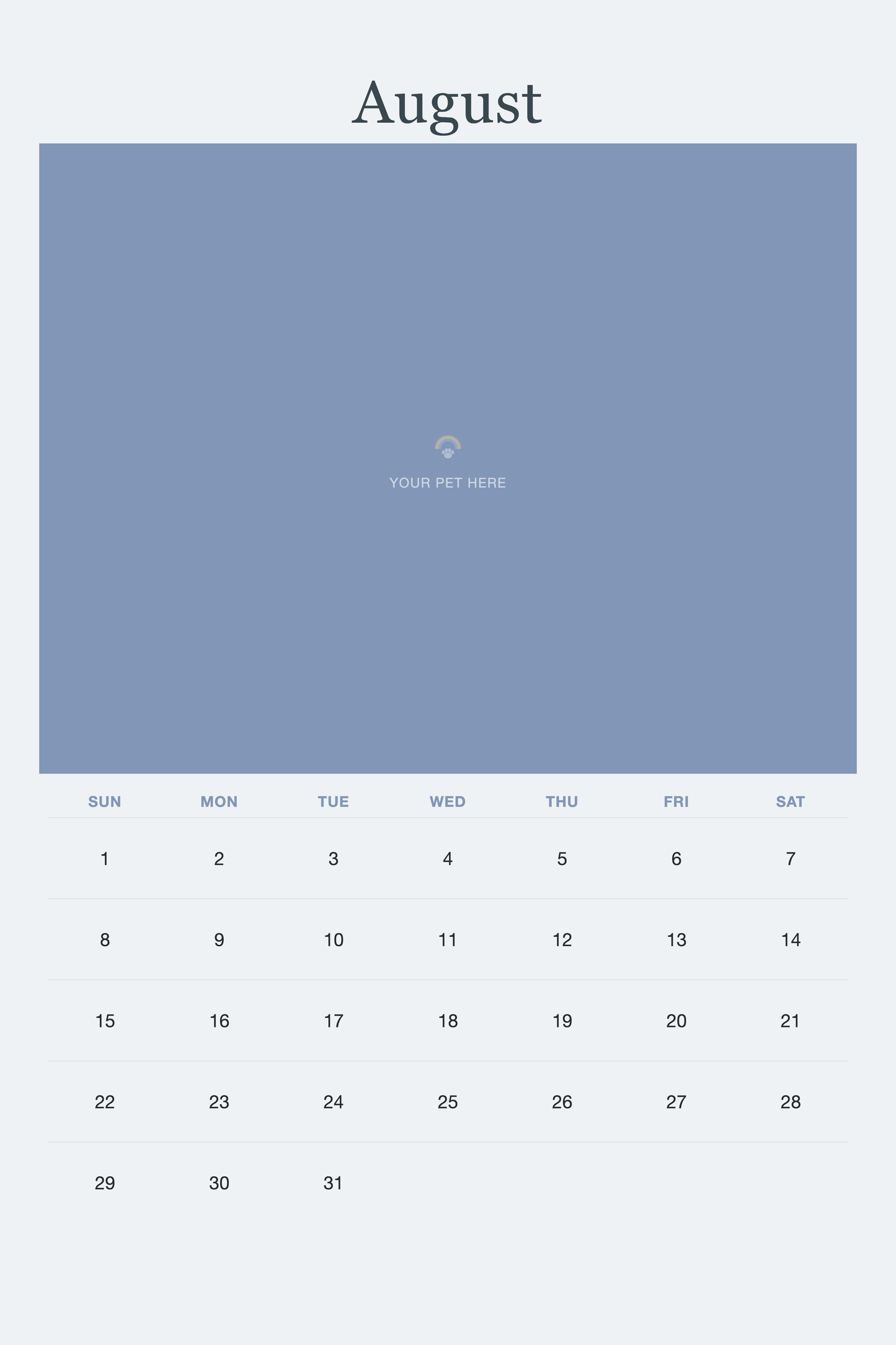 August page of the Pet Memorial Calendar 2027 — In Loving Memory, with a photo area above the date grid