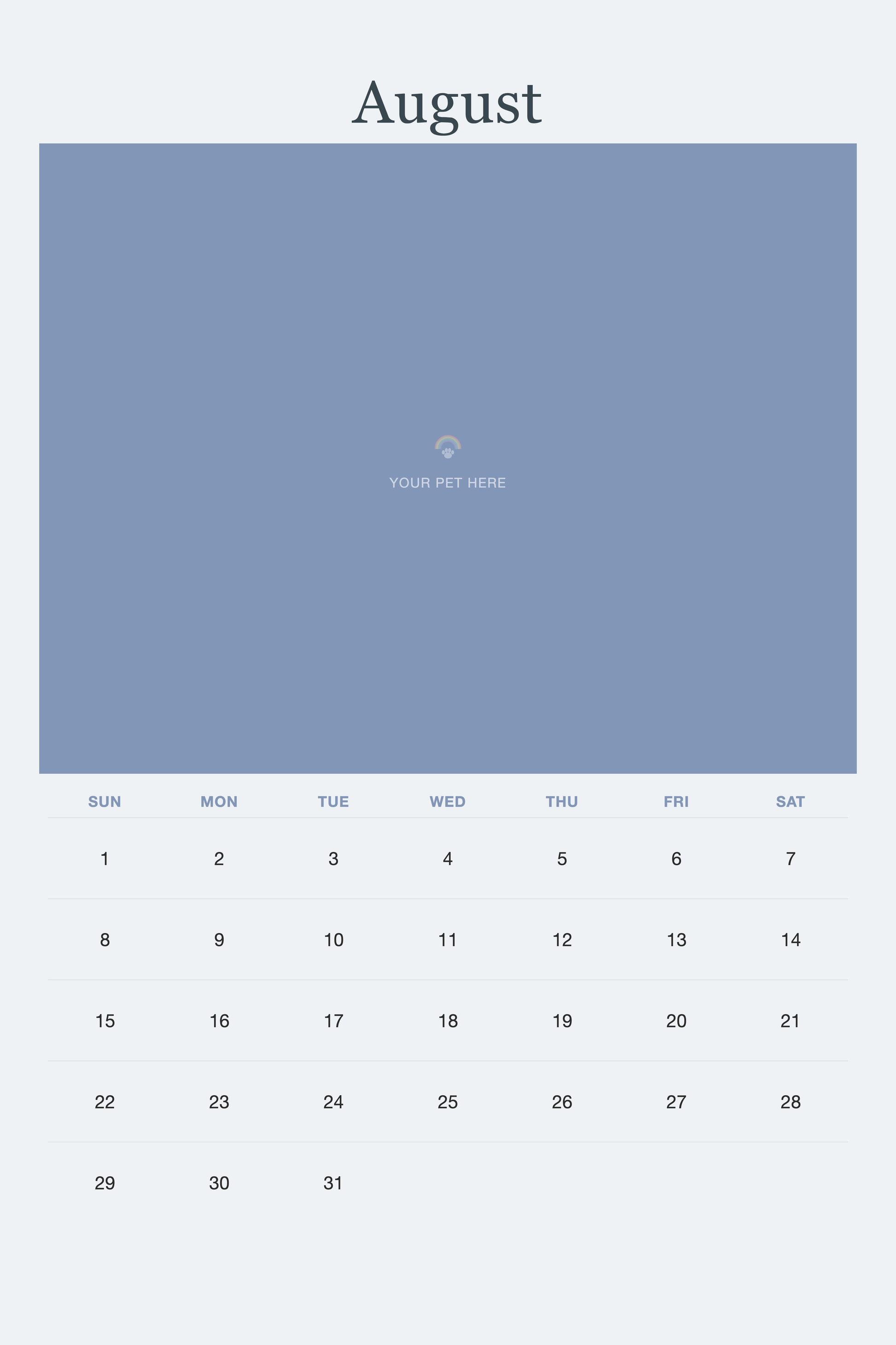 August page of the Pet Memorial Calendar 2027 — In Loving Memory, with a photo area above the date grid