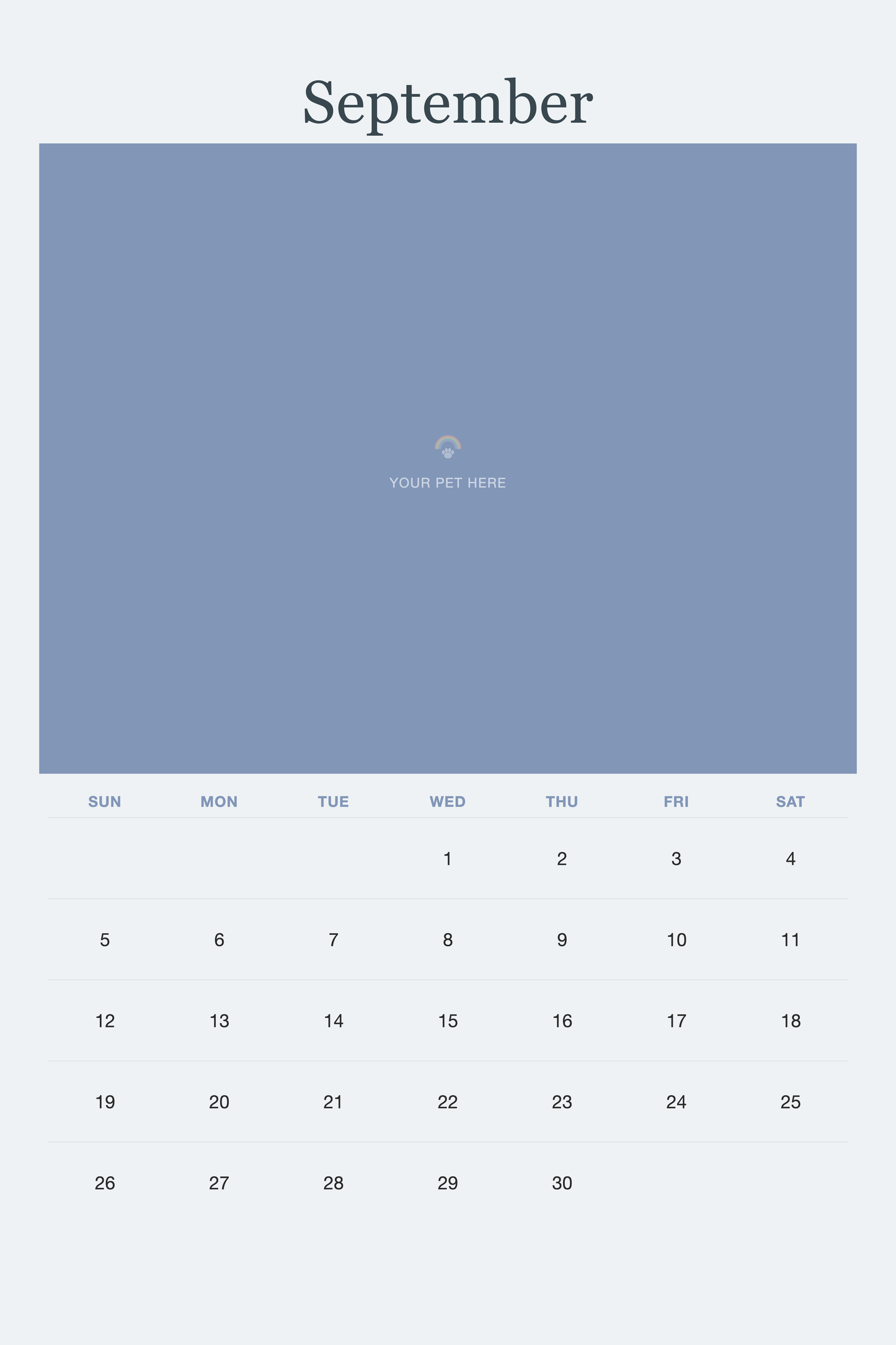 September page of the Pet Memorial Calendar 2027 — In Loving Memory, with a photo area above the date grid
