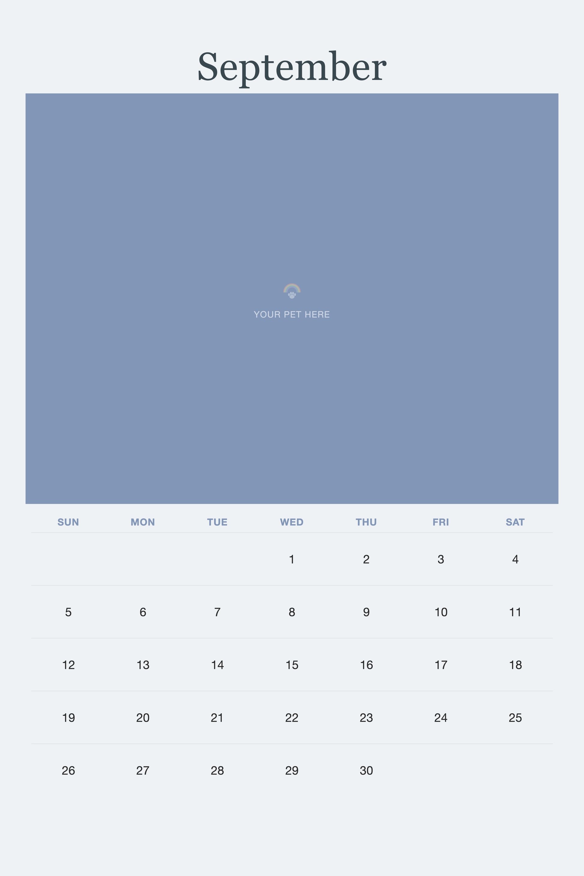 September page of the Pet Memorial Calendar 2027 — In Loving Memory, with a photo area above the date grid