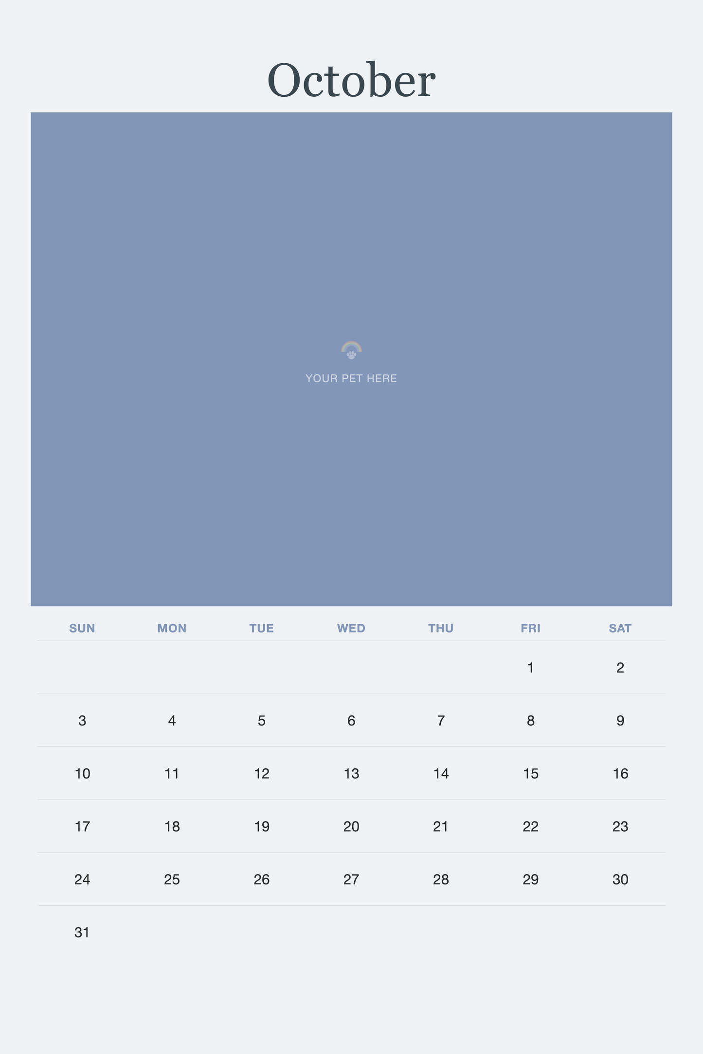 October page of the Pet Memorial Calendar 2027 — In Loving Memory, with a photo area above the date grid