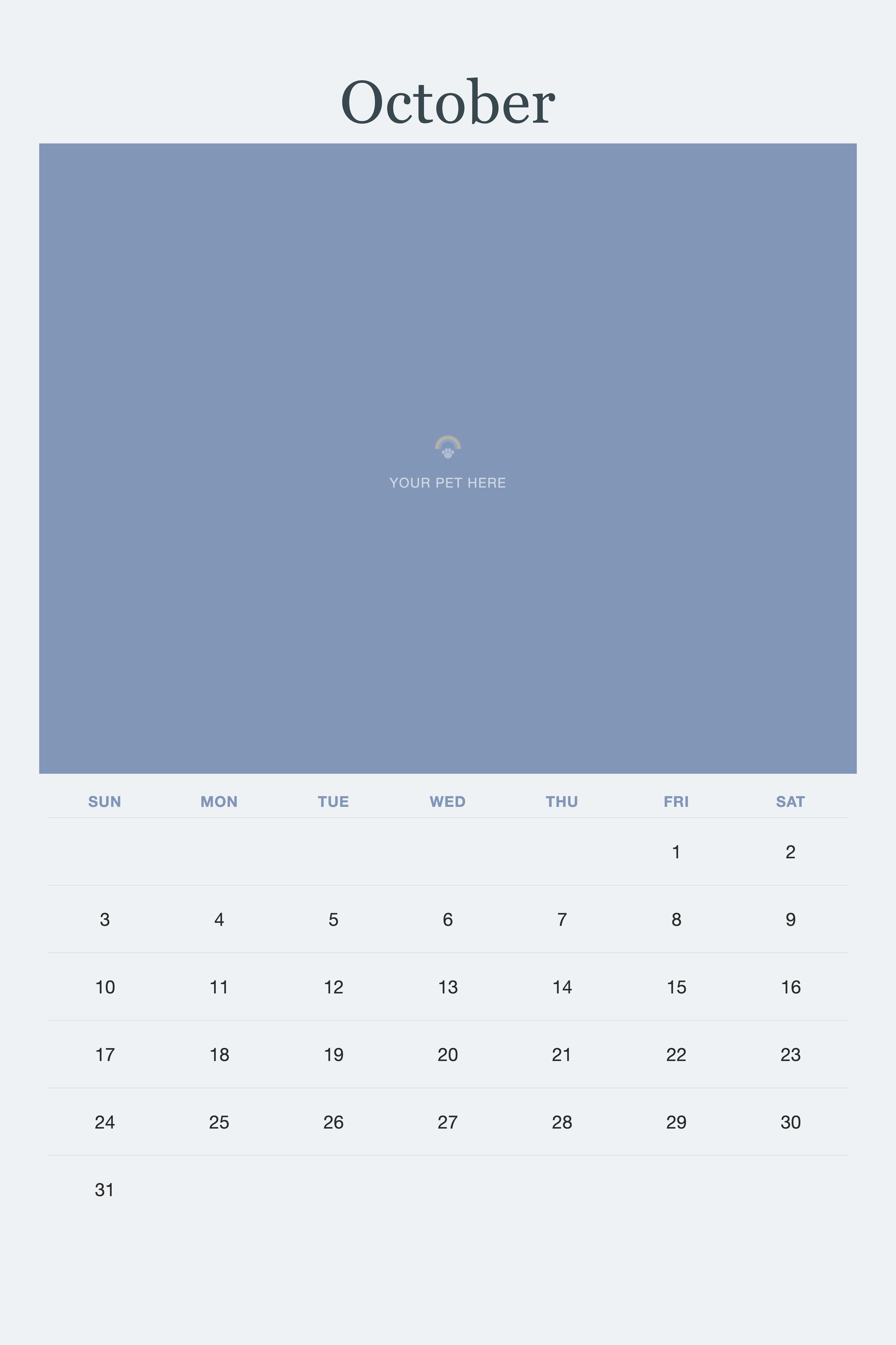 October page of the Pet Memorial Calendar 2027 — In Loving Memory, with a photo area above the date grid